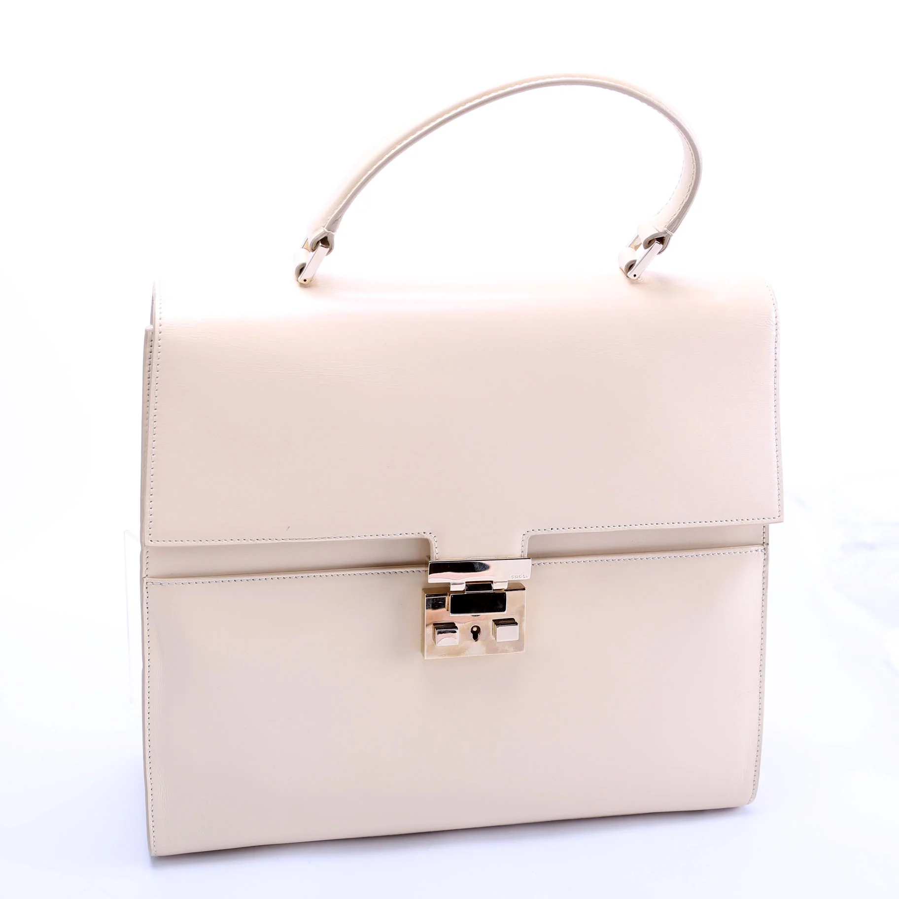 001-0857 Leather Lady Lock Top Handle Bag Vintage Beige - Image 2