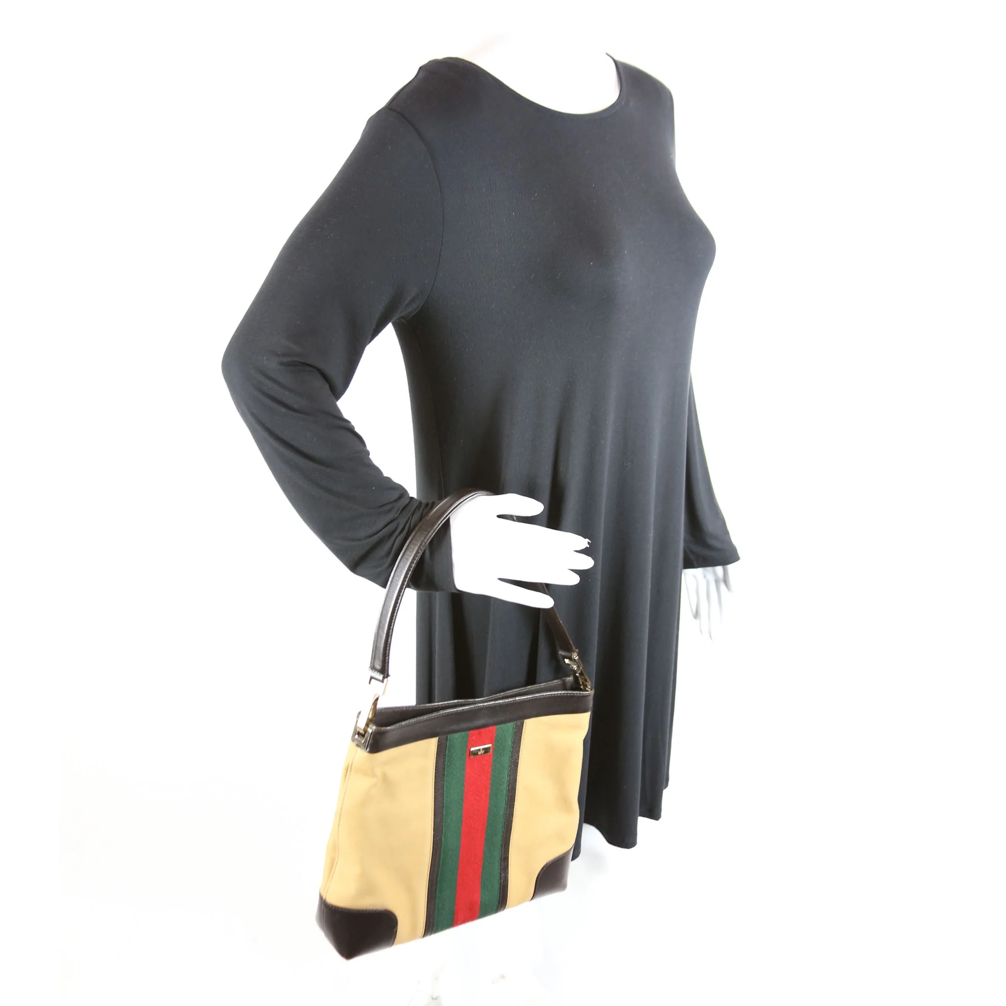 0014231 Sherry Line Web/Leather Shoulder Bag Vintage - Image 11
