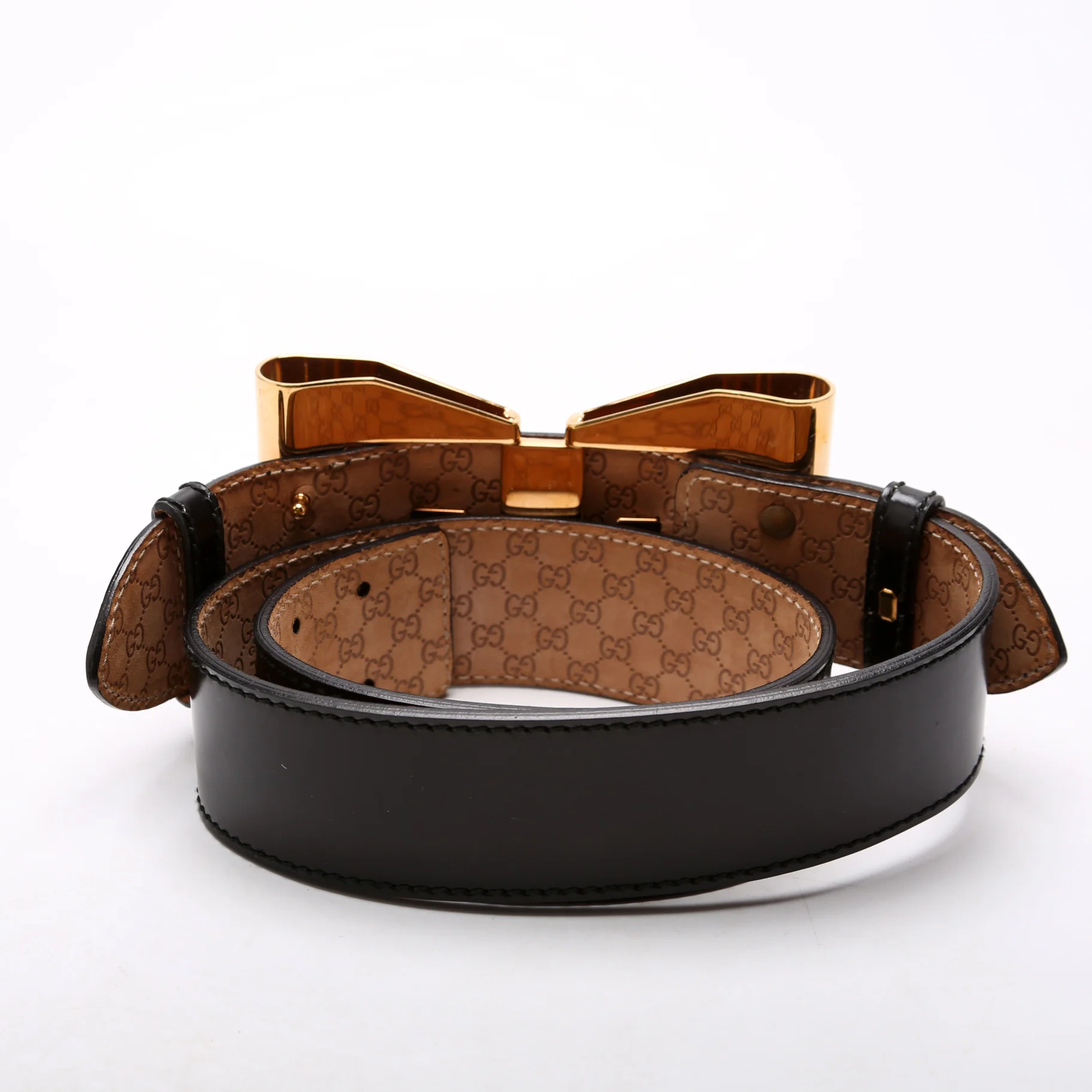 186120 Oversized Metal Bow Brushed Leather Belt Size 80/32 Black/Gold - Image 4