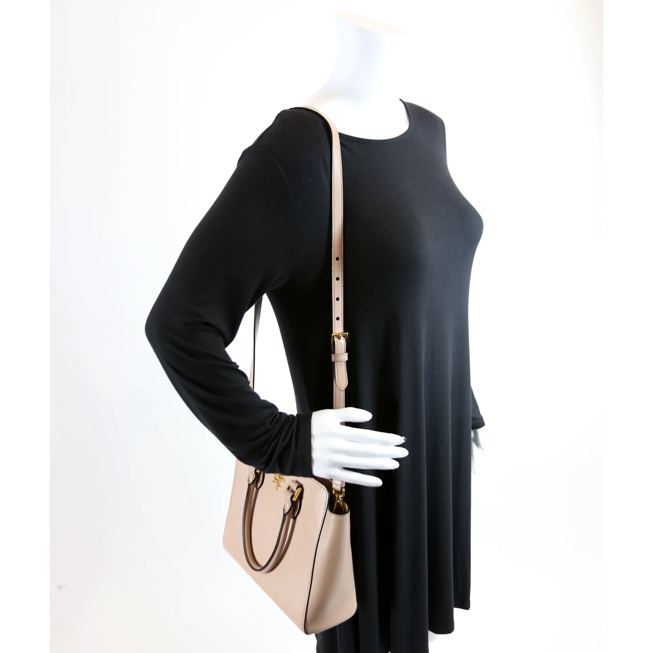 1BA113 Saffiano/Calfskin Top Handle Bag Tan - Image 9