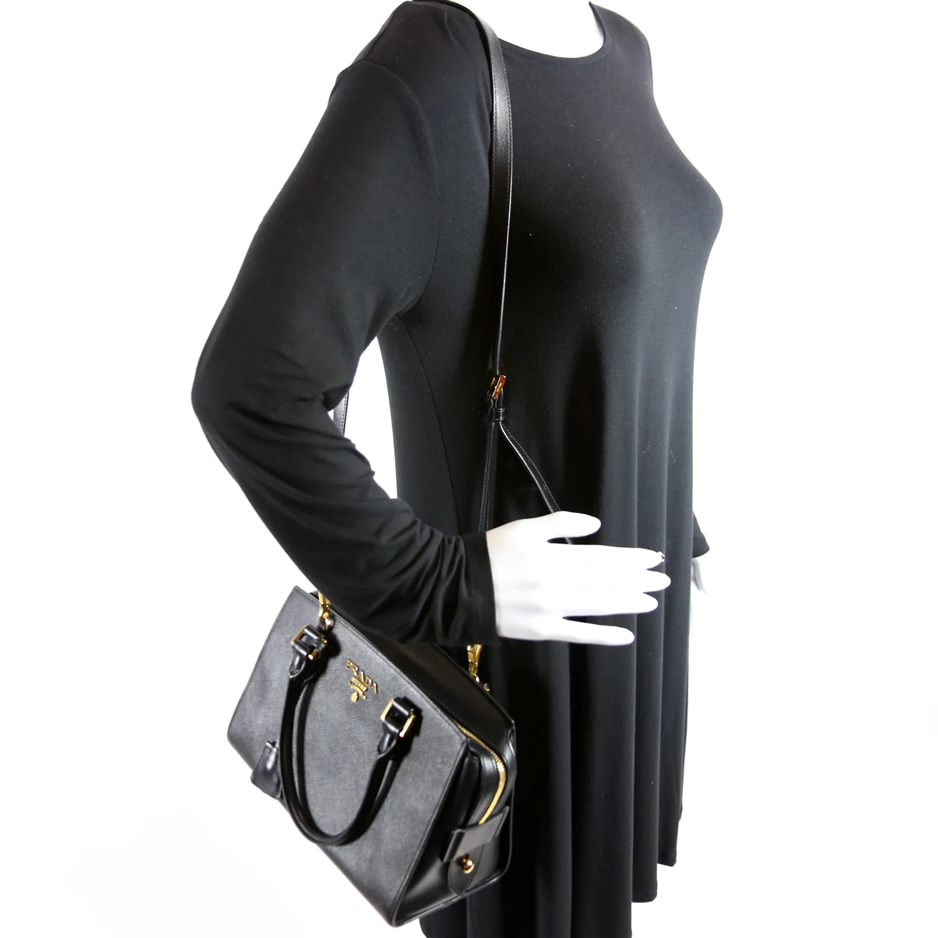 1BA164 Saffiano/Soft Calfskin Small Top Handle Bag Black - Image 9