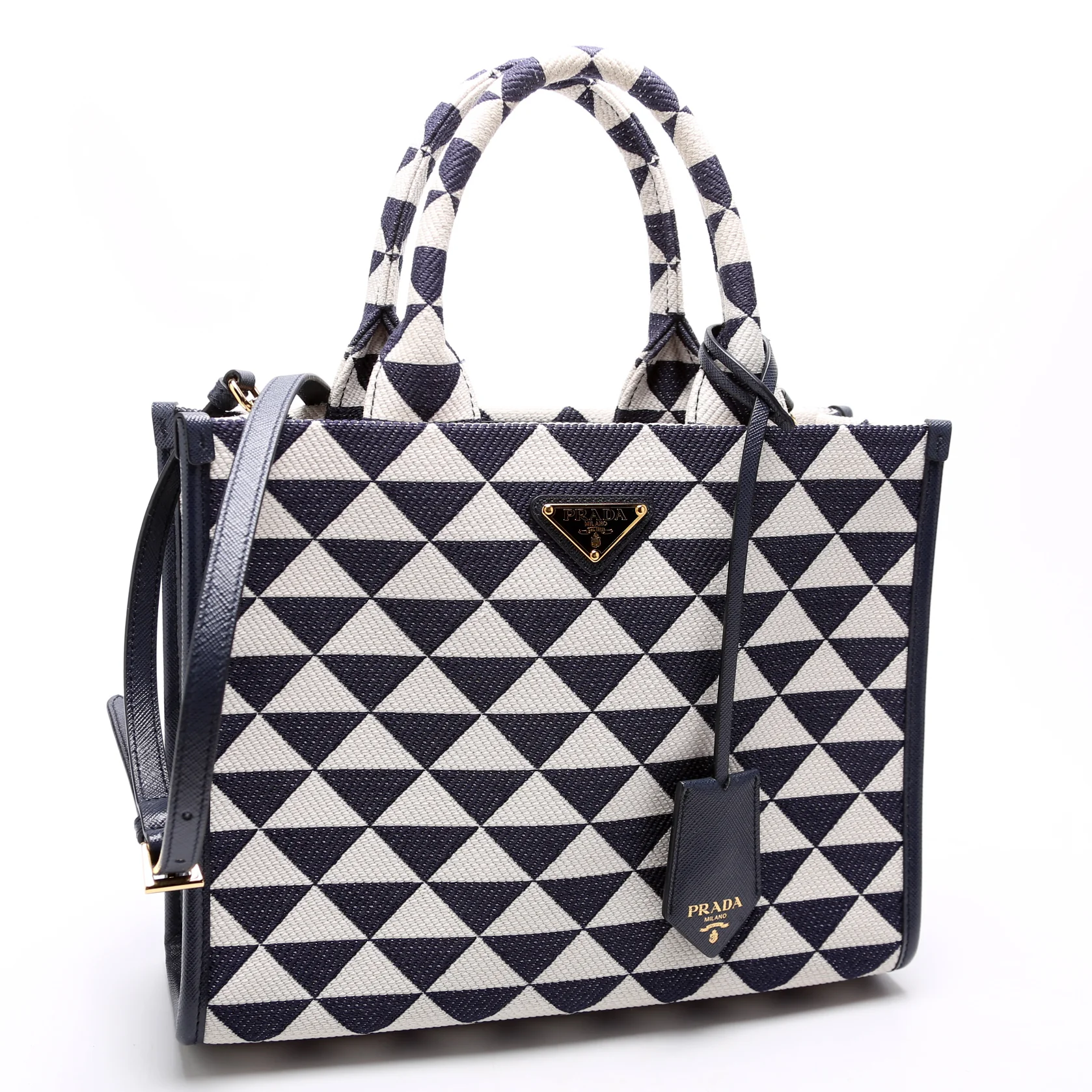 1BA354 Jacquard Triangle Canvas Symbole Small Handbag Blue - Image 2