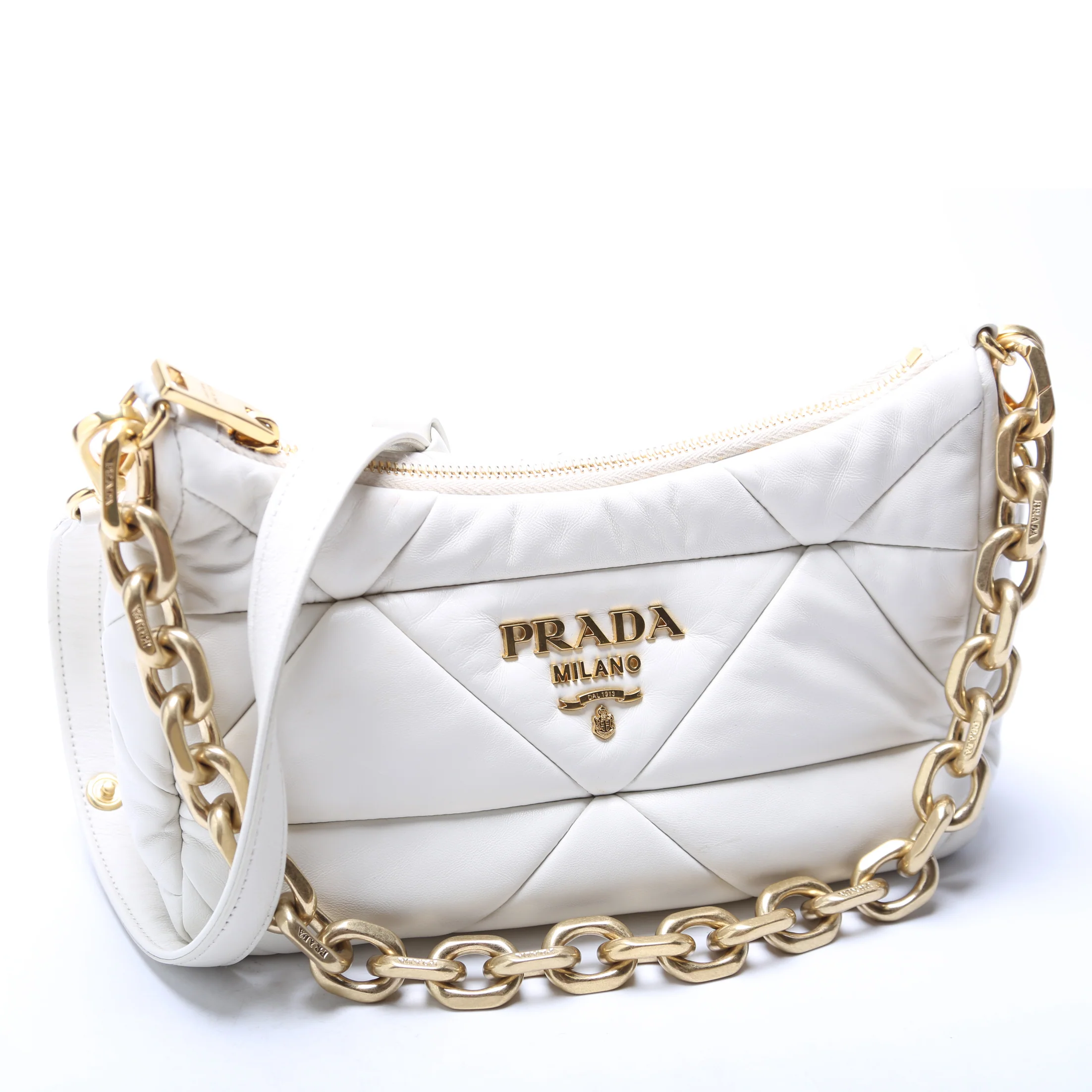 1BC157 Padded Quilted Nappa System Triangle Shoulder Bag White - Image 2