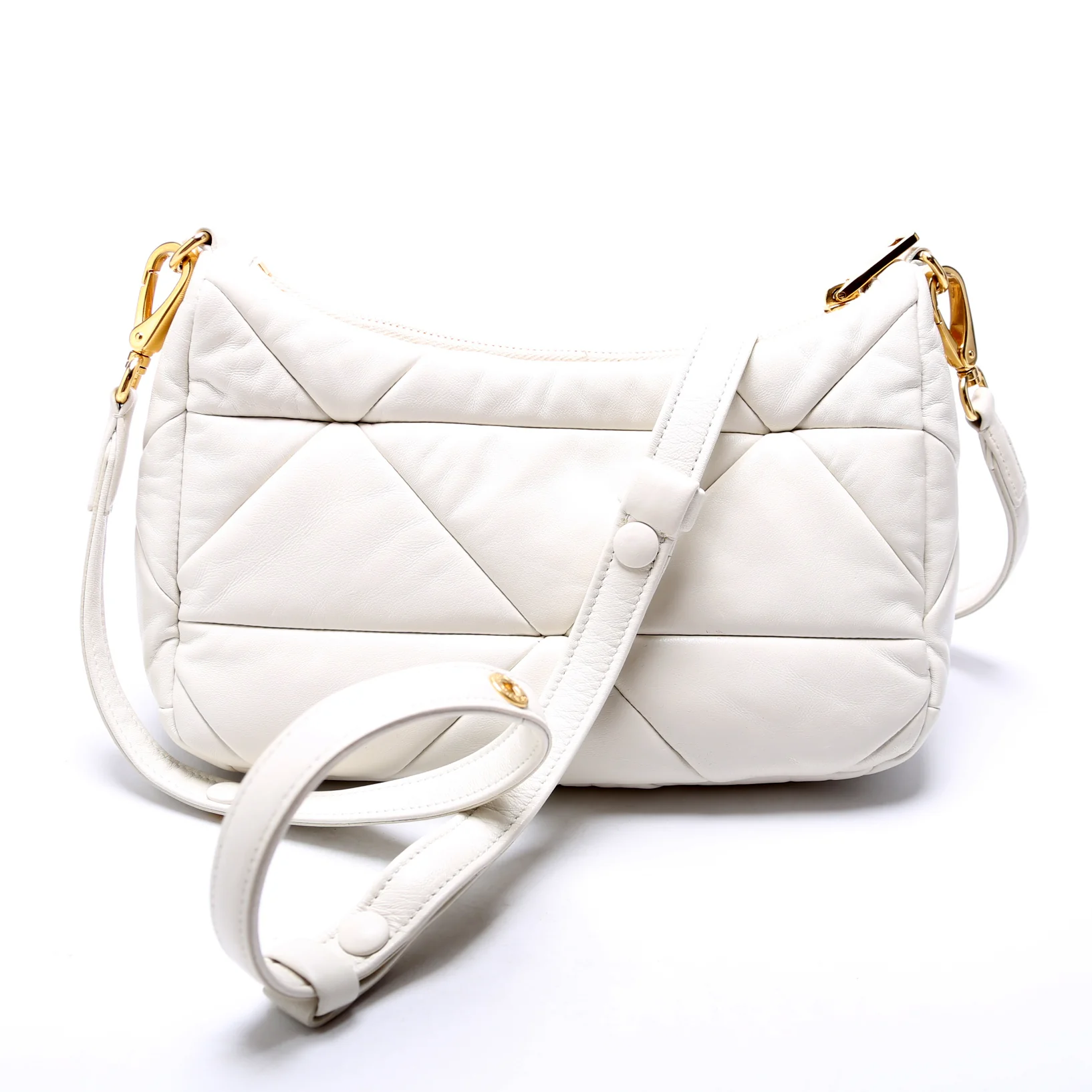 1BC157 Padded Quilted Nappa System Triangle Shoulder Bag White - Image 3