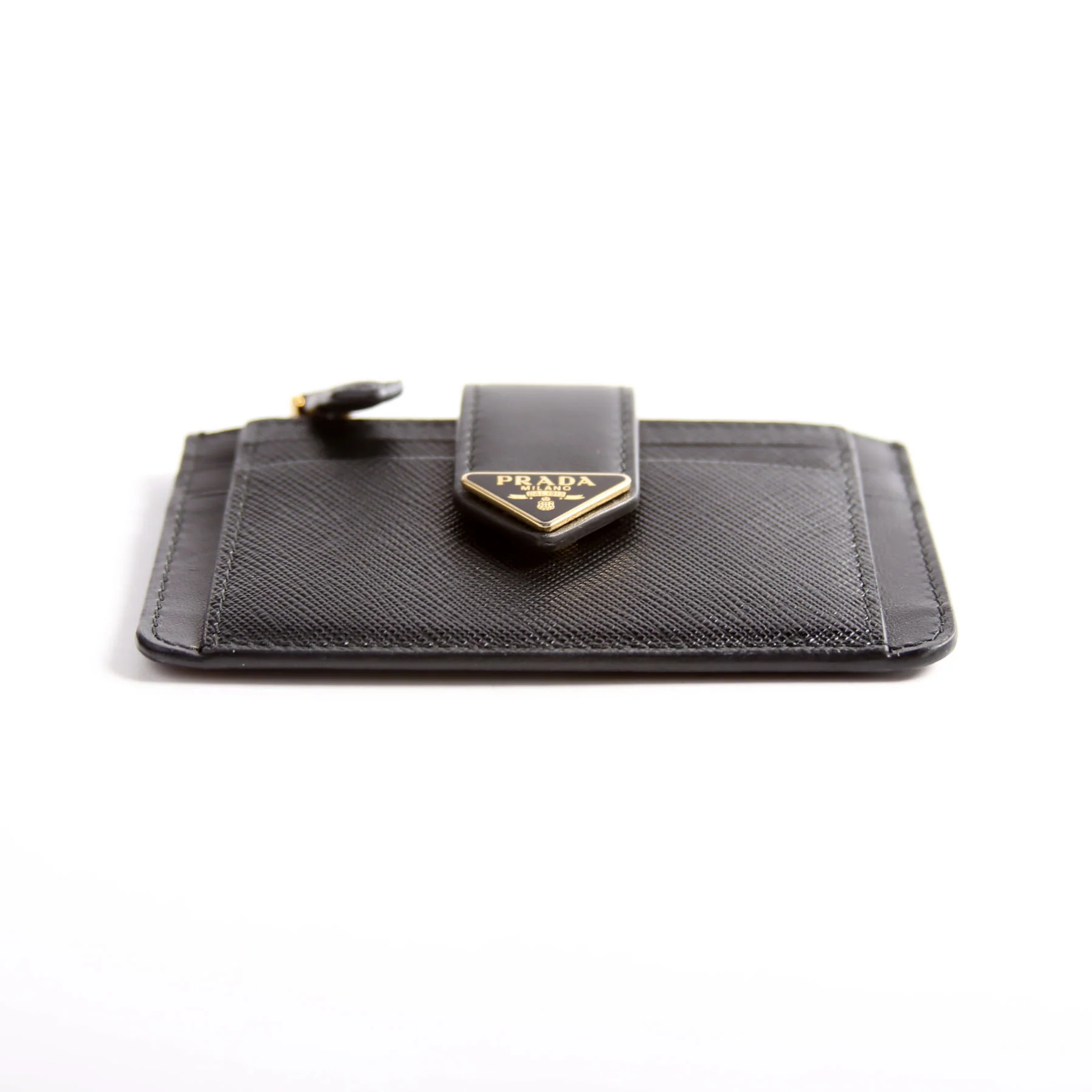 1MC038 Saffiano Triangle Logo Zip Card Case Black - Image 5