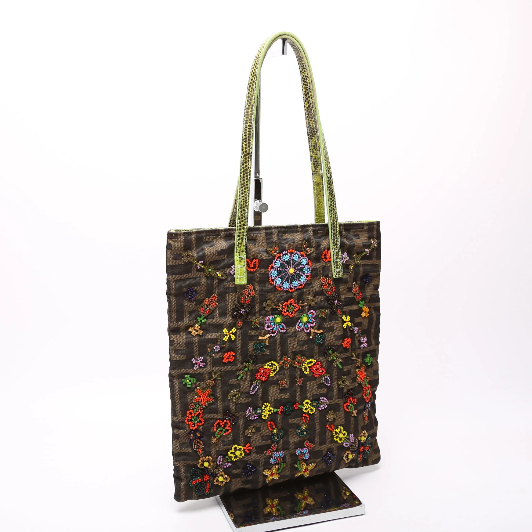 26291 Beaded Flower Lizard Vertical Shoulder Bag Vintage Brown/Green - Image 2