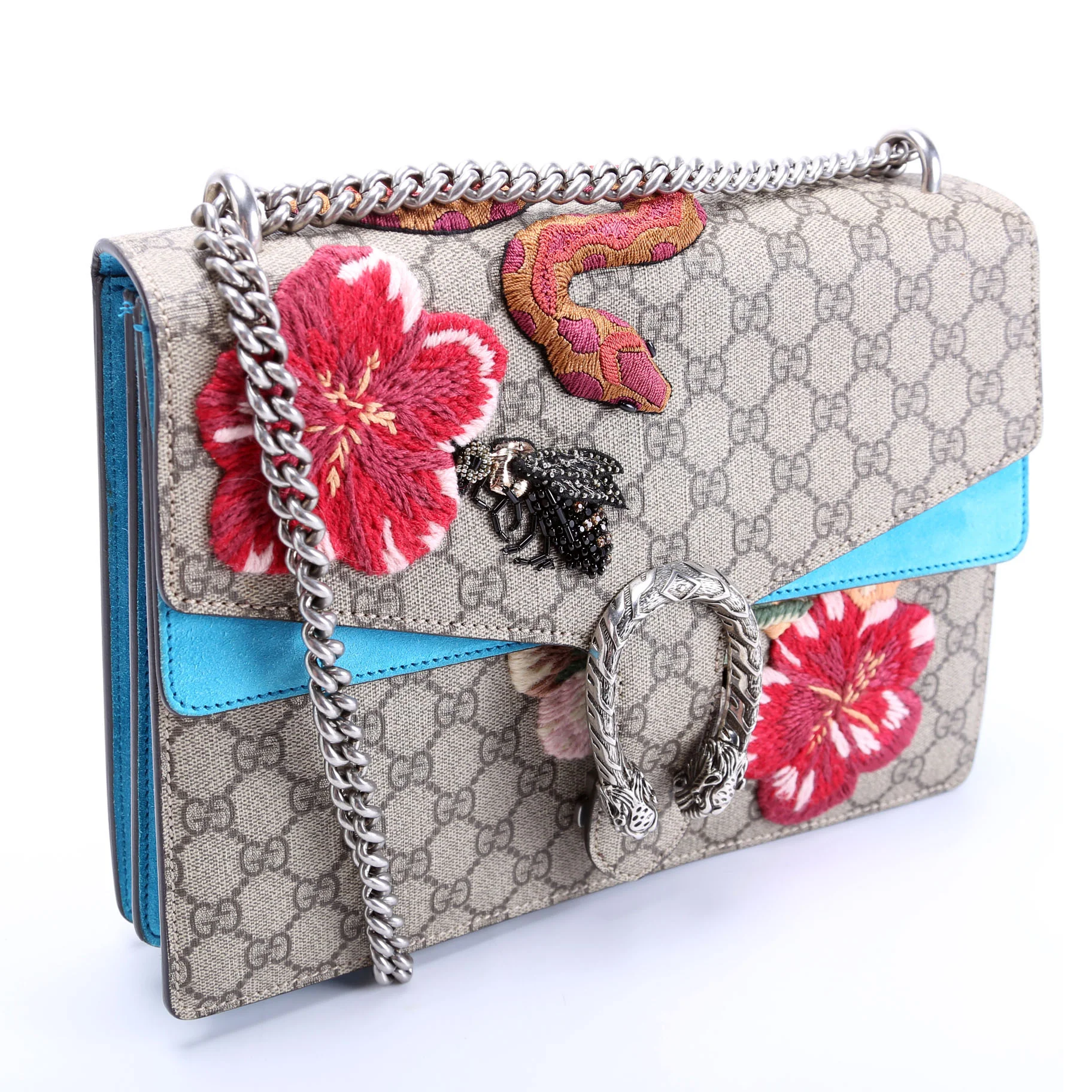 400235 Dionysus Bee Snake Embellished Shoulder Medium Beige/Blue - Image 2