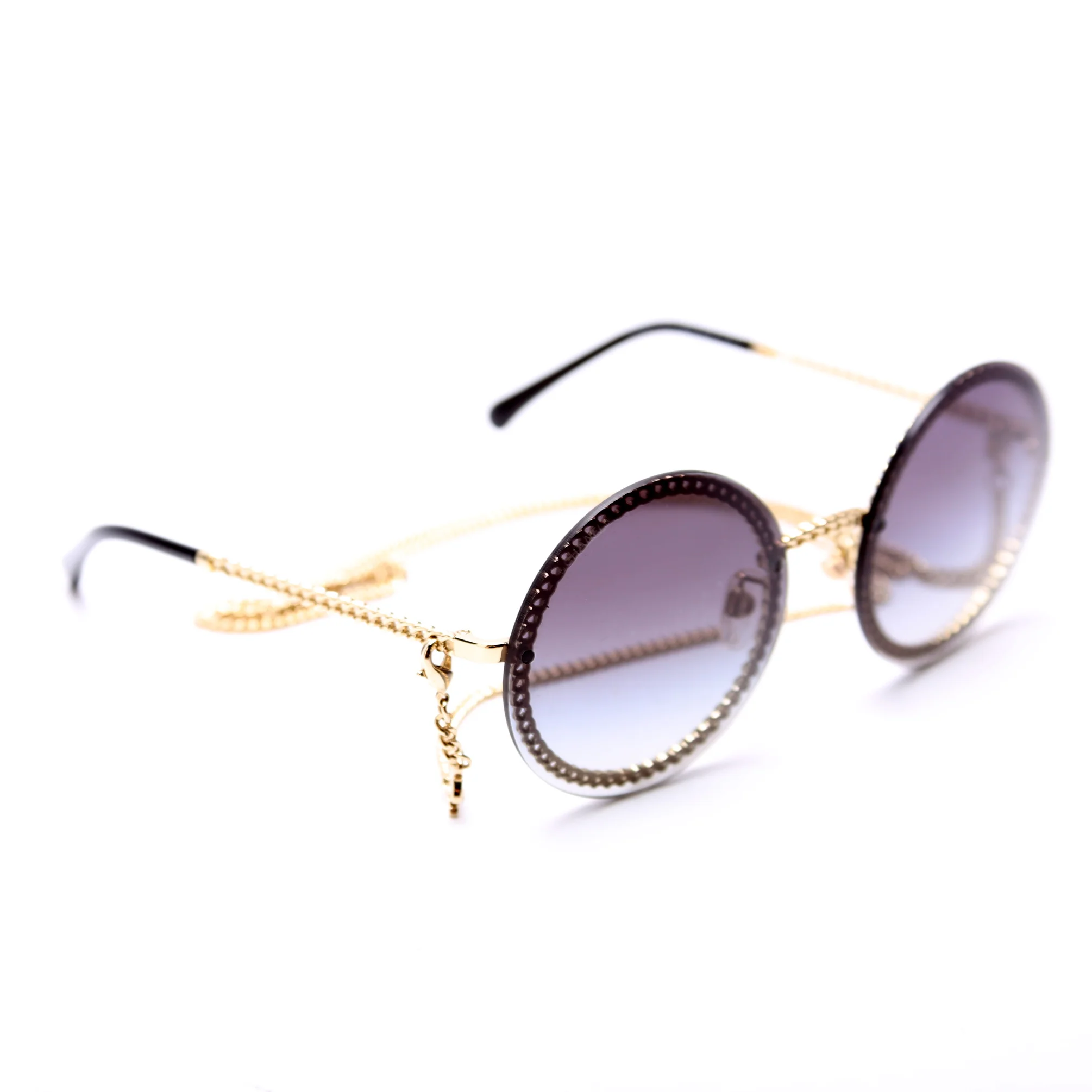 4245 Round Chain Sunglasses with Lanyard Black/Gold - Image 2