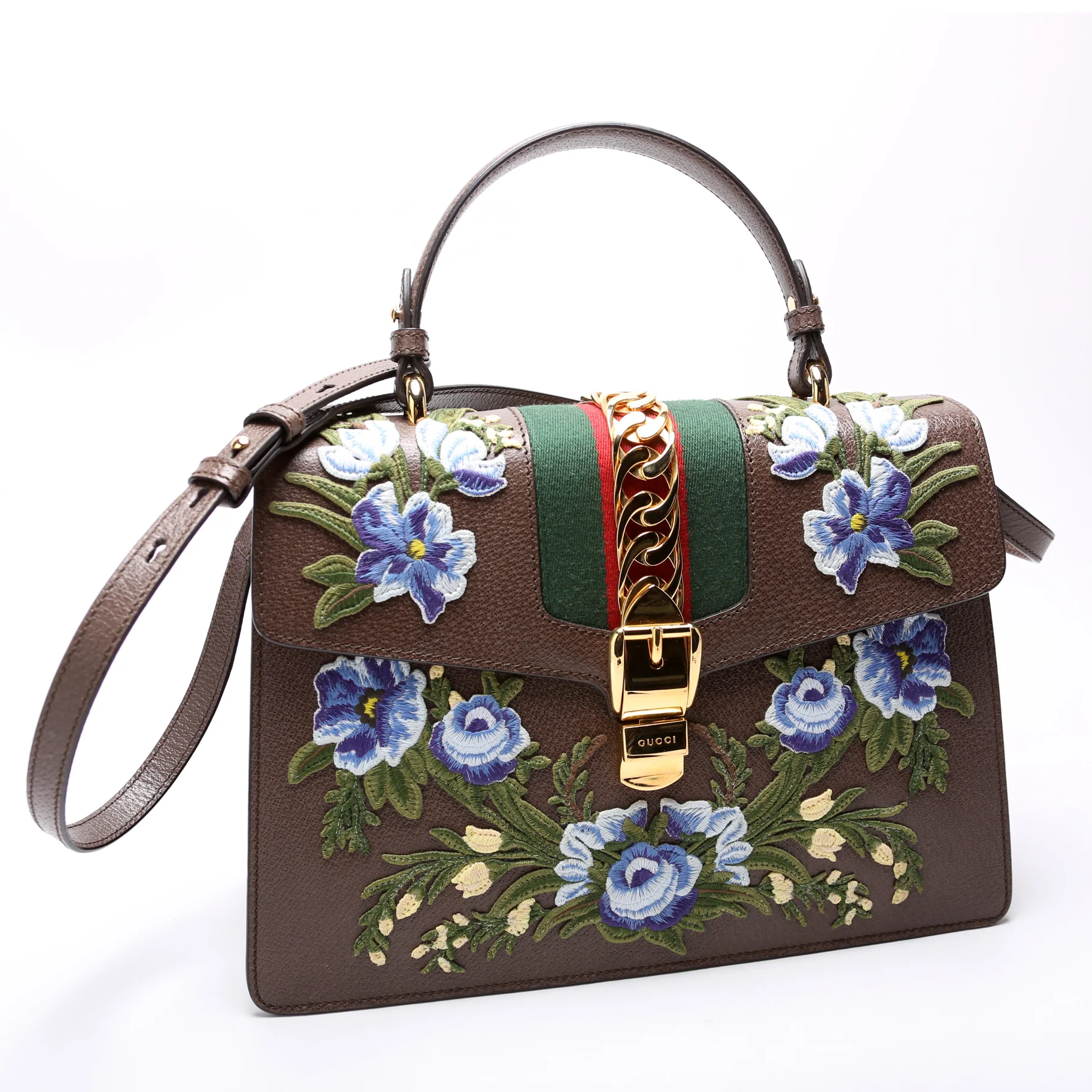 431665 Sylvie Top Handle Embroidered Calfskin Medium Brown - Image 2