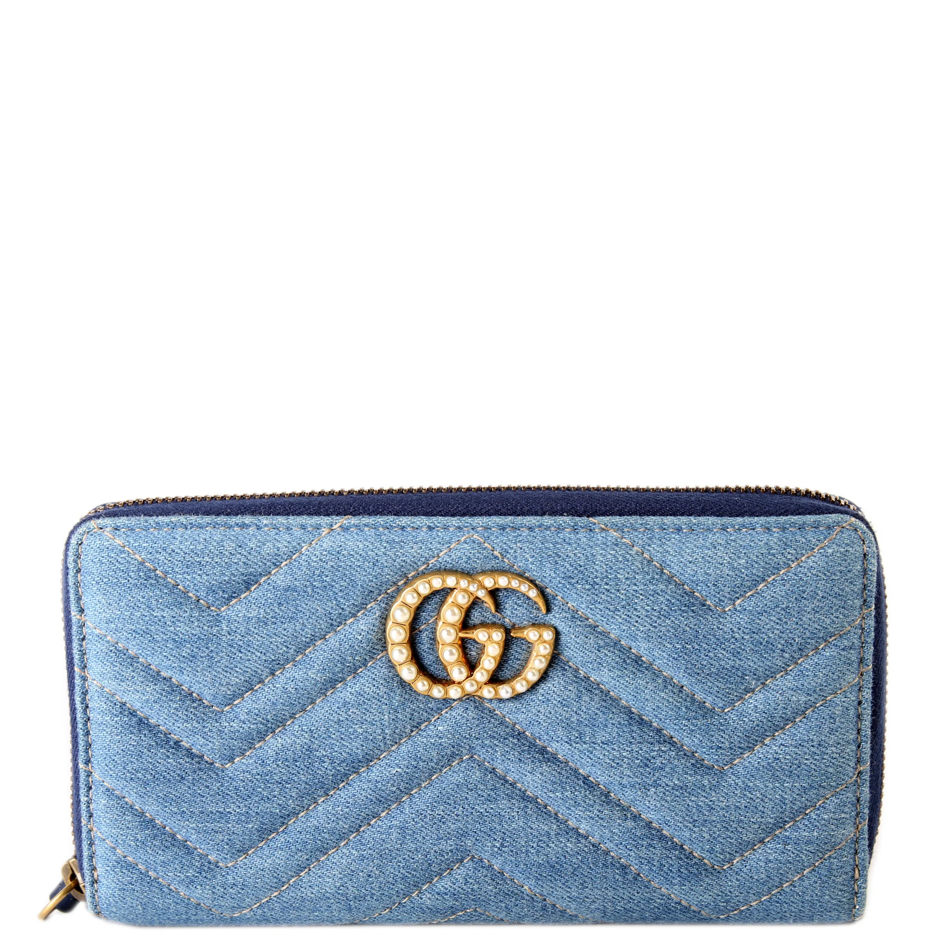 443123 GG Marmont Pearly Denim Zip Around Wallet Blue