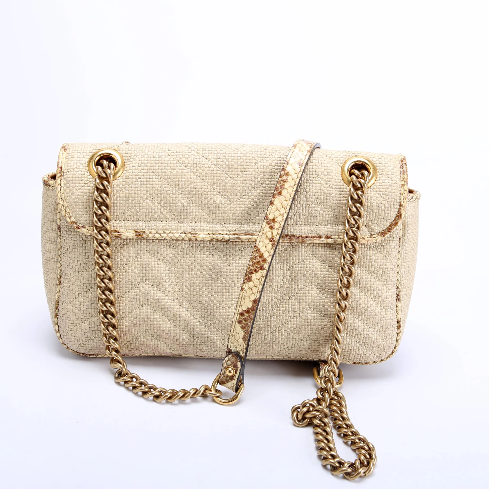 443497 Marmont GG Raffia/Snakeskin Shoulder Small Flap Beige - Image 3