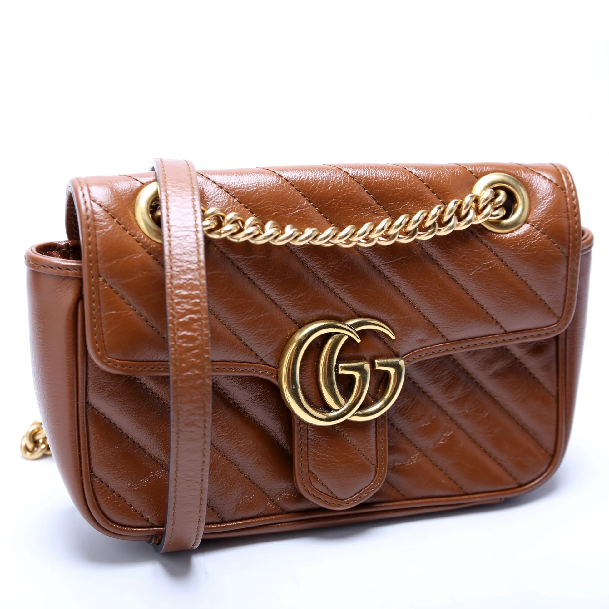 446744 Marmont Diag Leather Shoulder Mini Flap Brown - Image 2