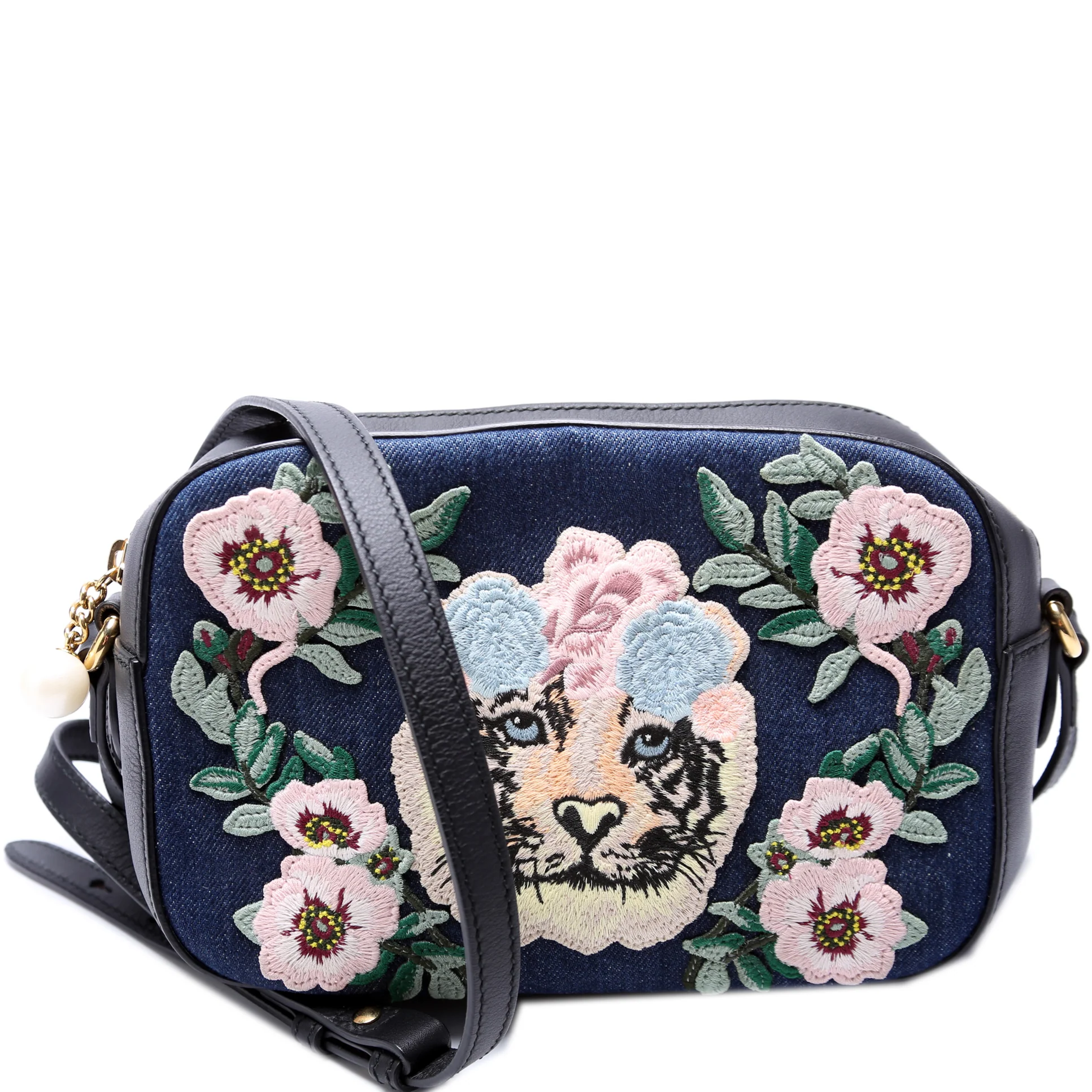 456547 Embroidered Denim Camera Bag
