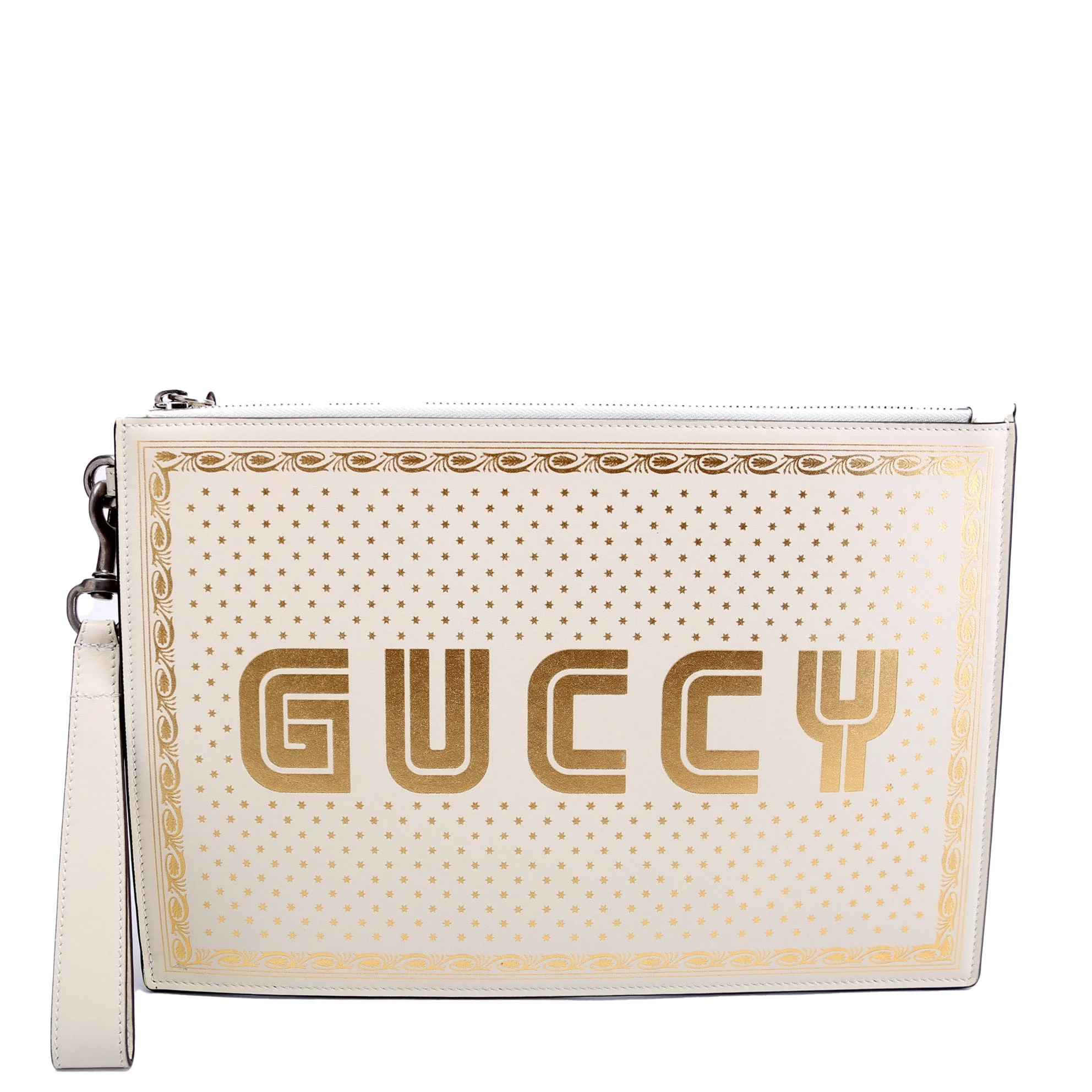 510489 X Sega Guccy Stars Calfskin Wristlet Pouch White/Gold