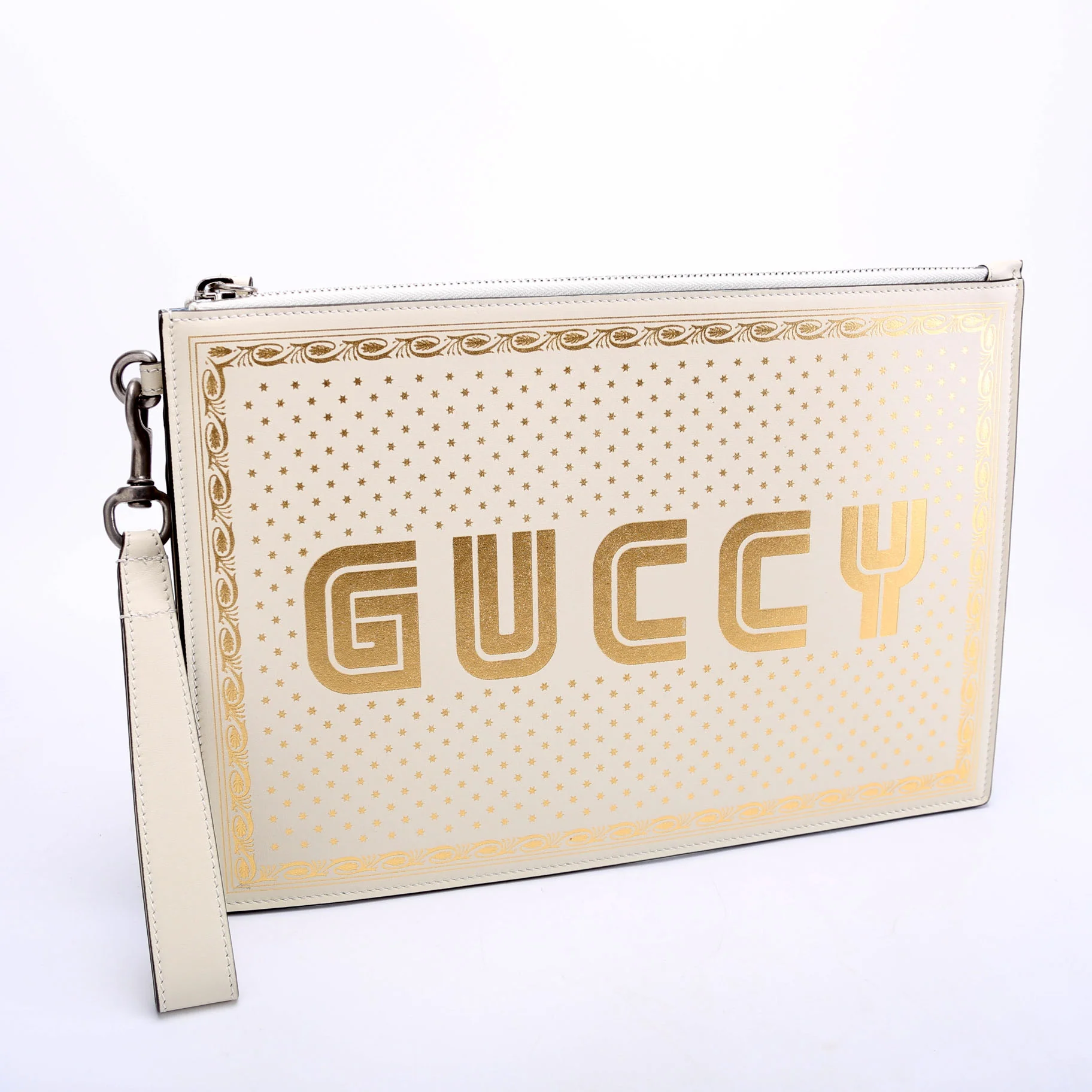 510489 X Sega Guccy Stars Calfskin Wristlet Pouch White/Gold - Image 2