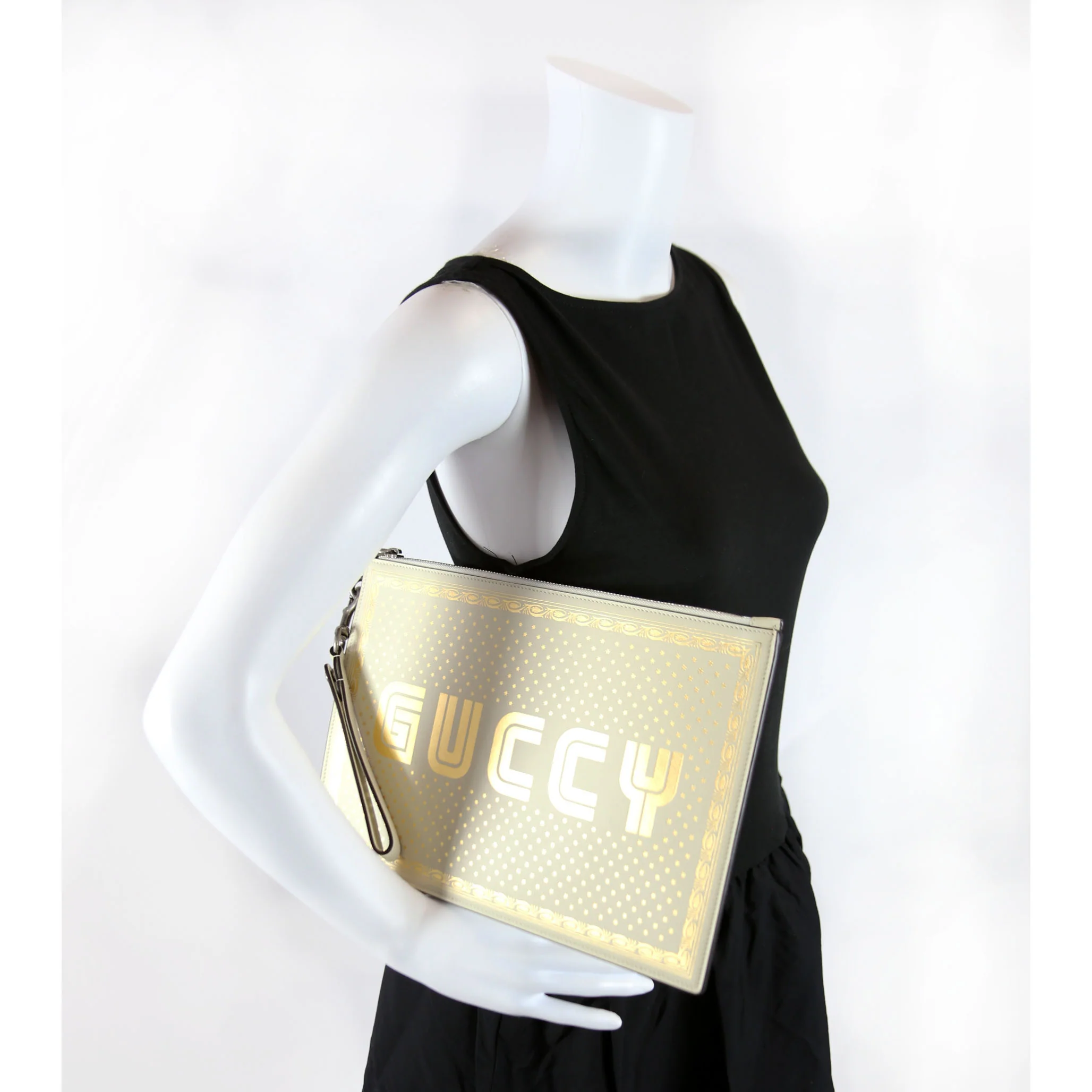 510489 X Sega Guccy Stars Calfskin Wristlet Pouch White/Gold - Image 9