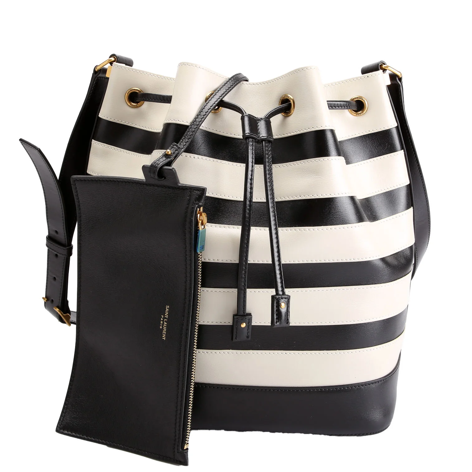 568606 Seau Stripe Calfskin Bucket Bag Black/white