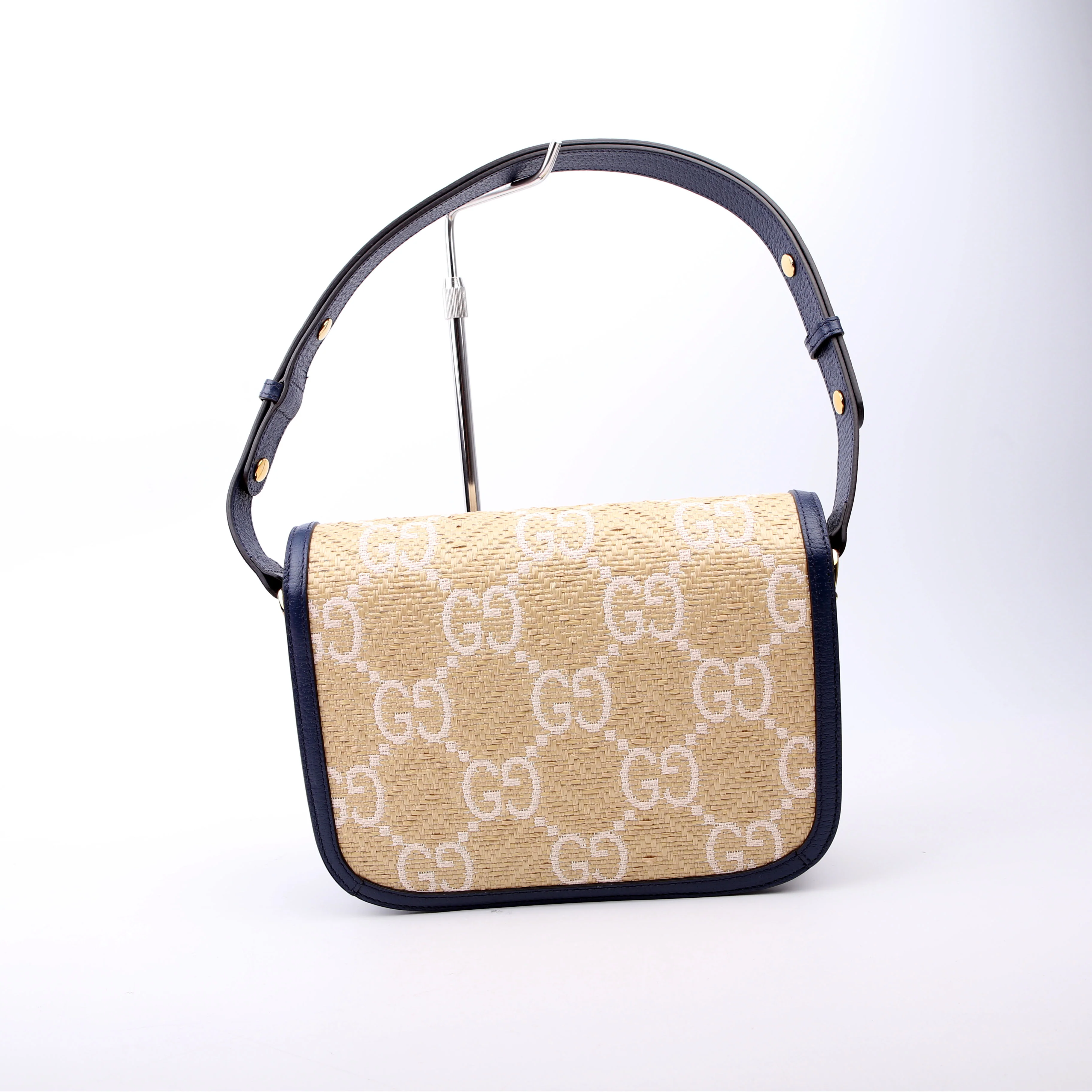 602204 Horsebit 1955 GG Raffia Shoulder Bag Blue - Image 3