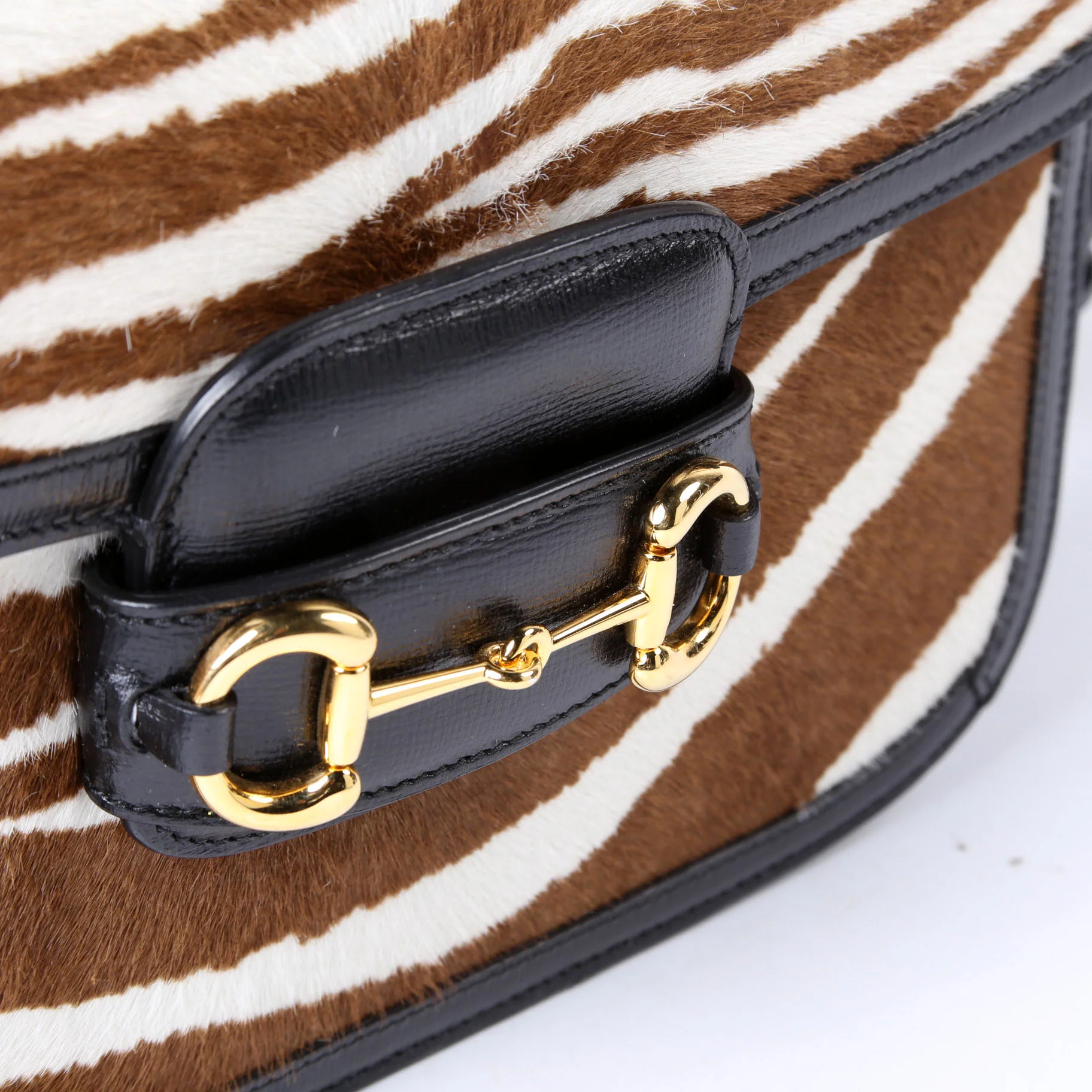 602204 Horsebit 1955 Pony Hair Zebra Shoulder Bag Brown/Ivory - Image 6