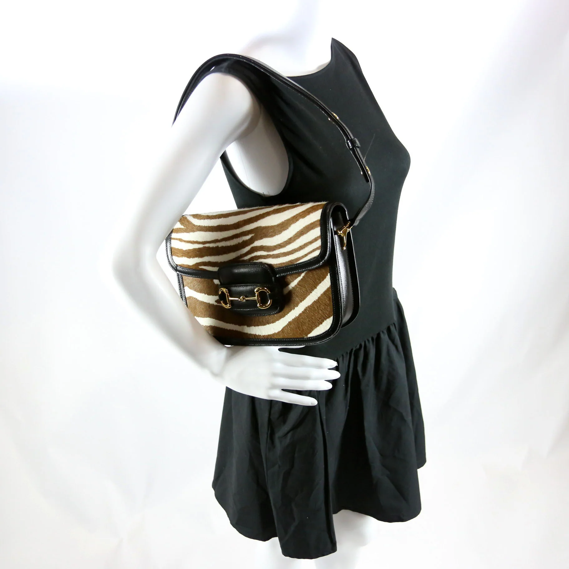 602204 Horsebit 1955 Pony Hair Zebra Shoulder Bag Brown/Ivory - Image 9