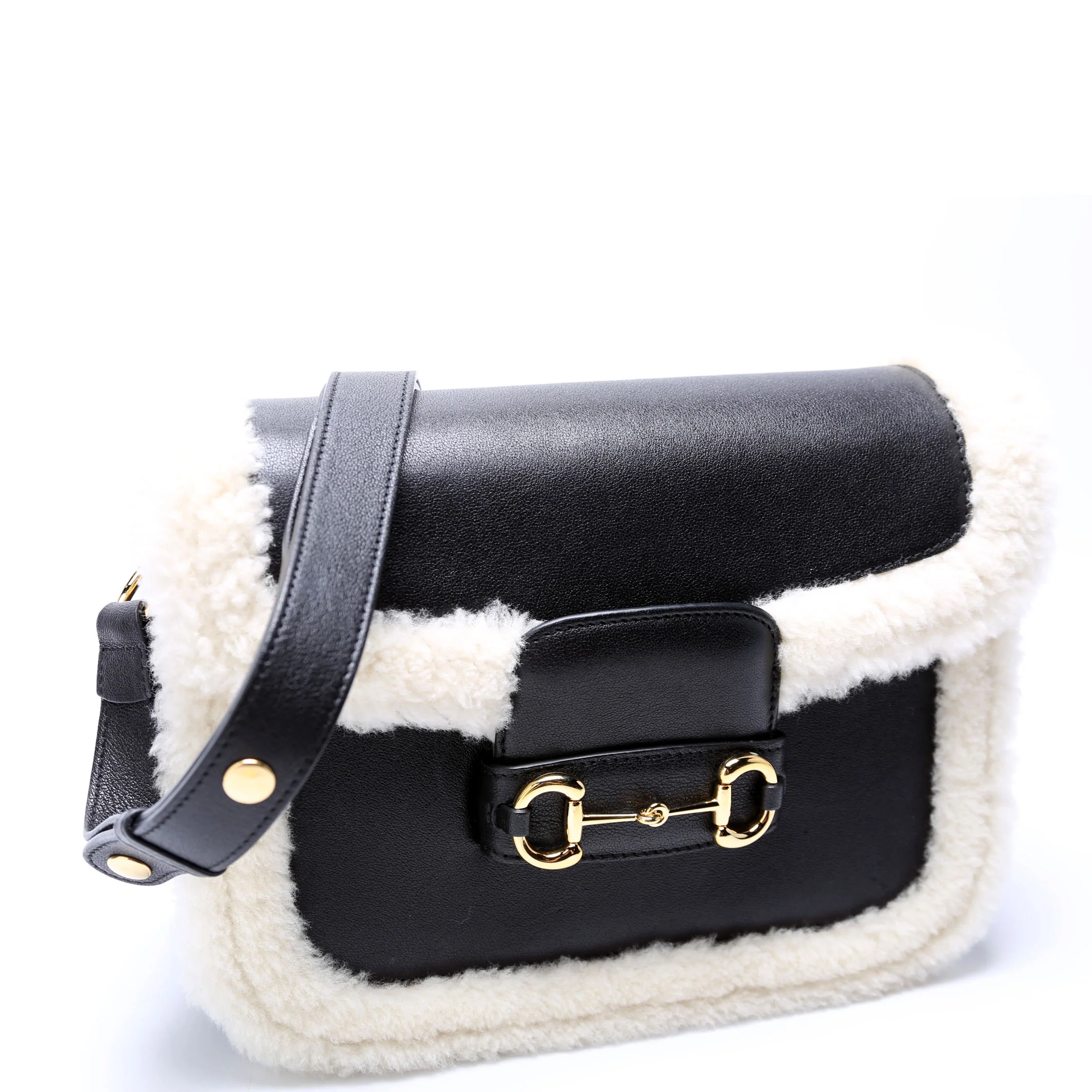 602204 Horsebit 1955 Shearling Leather Shoulder Bag Black - Image 2