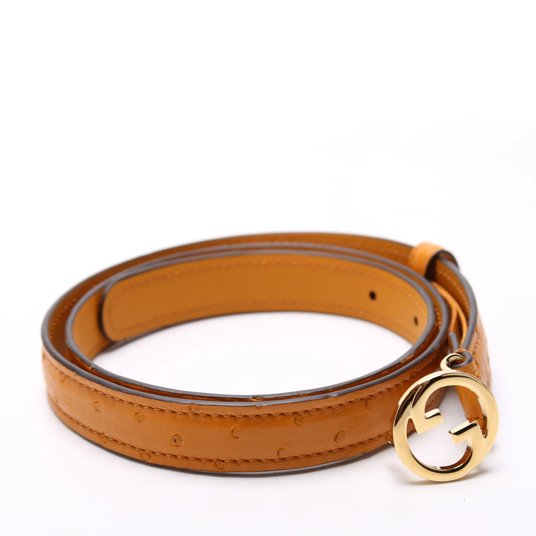723073 Blondie Thin Ostrich Leather Belt Size 80/32 Ochre - Image 2