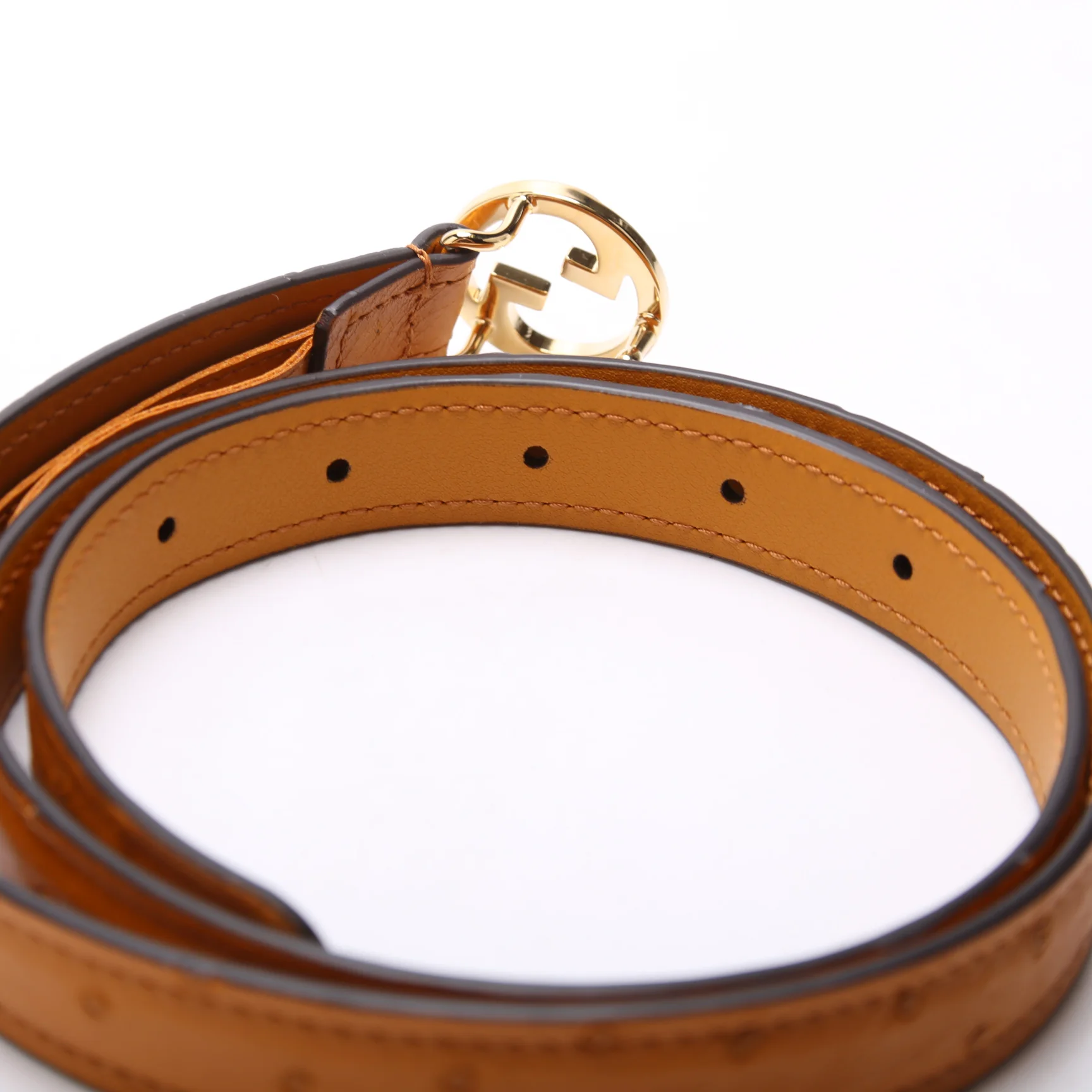 723073 Blondie Thin Ostrich Leather Belt Size 80/32 Ochre - Image 3