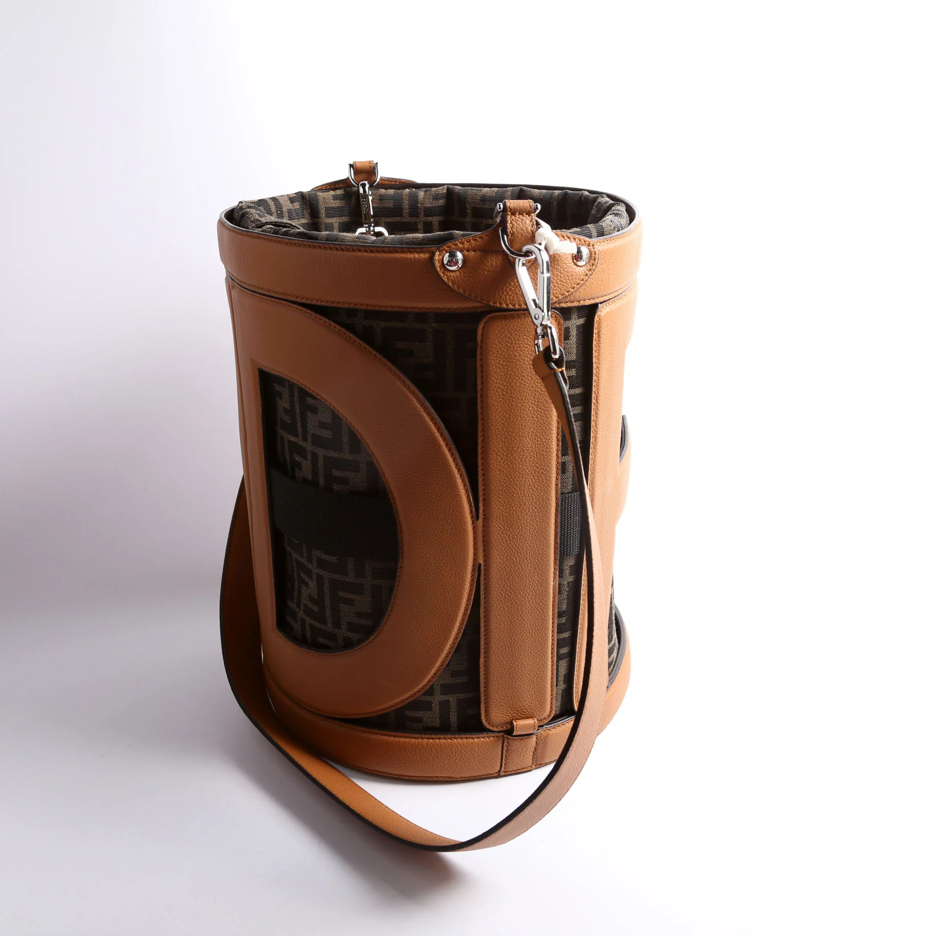 7VA589 FF Zucca/Calfskin Step Out Bucket Bag Brown - Image 3