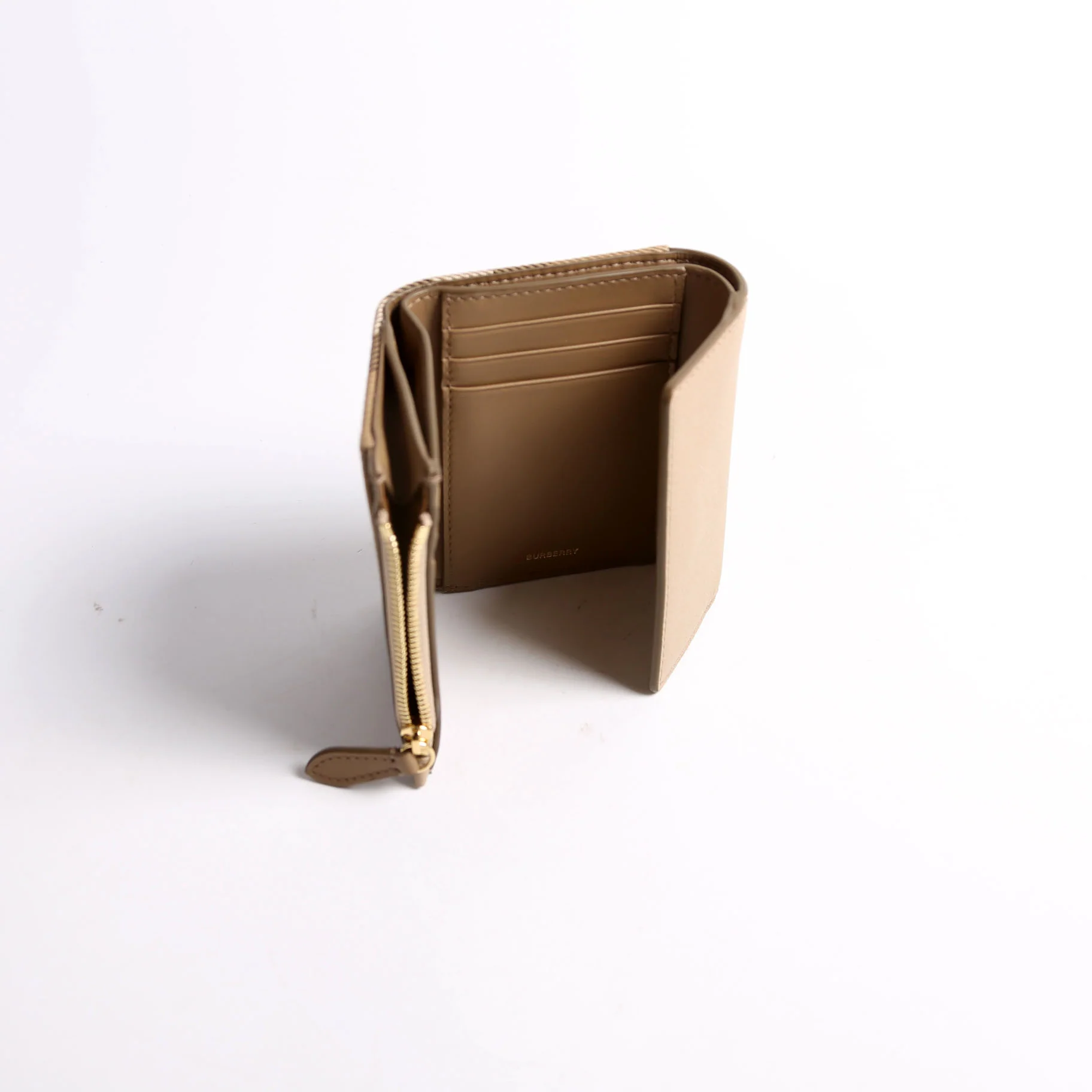 8084534 Check Leather Compact Tri-Fold Wallet Beige - Image 6