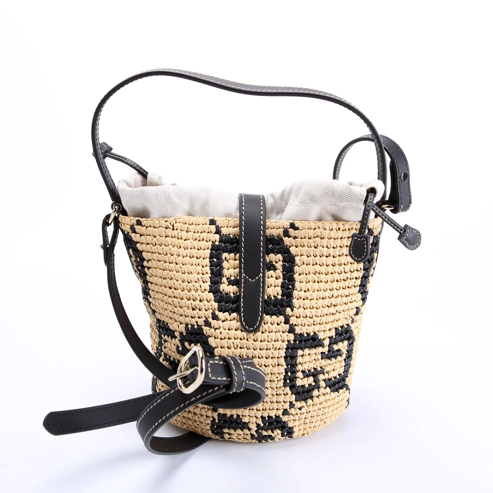 816284 GG Woven Raffia Mini Bucket Bag Tan/Black - Image 3