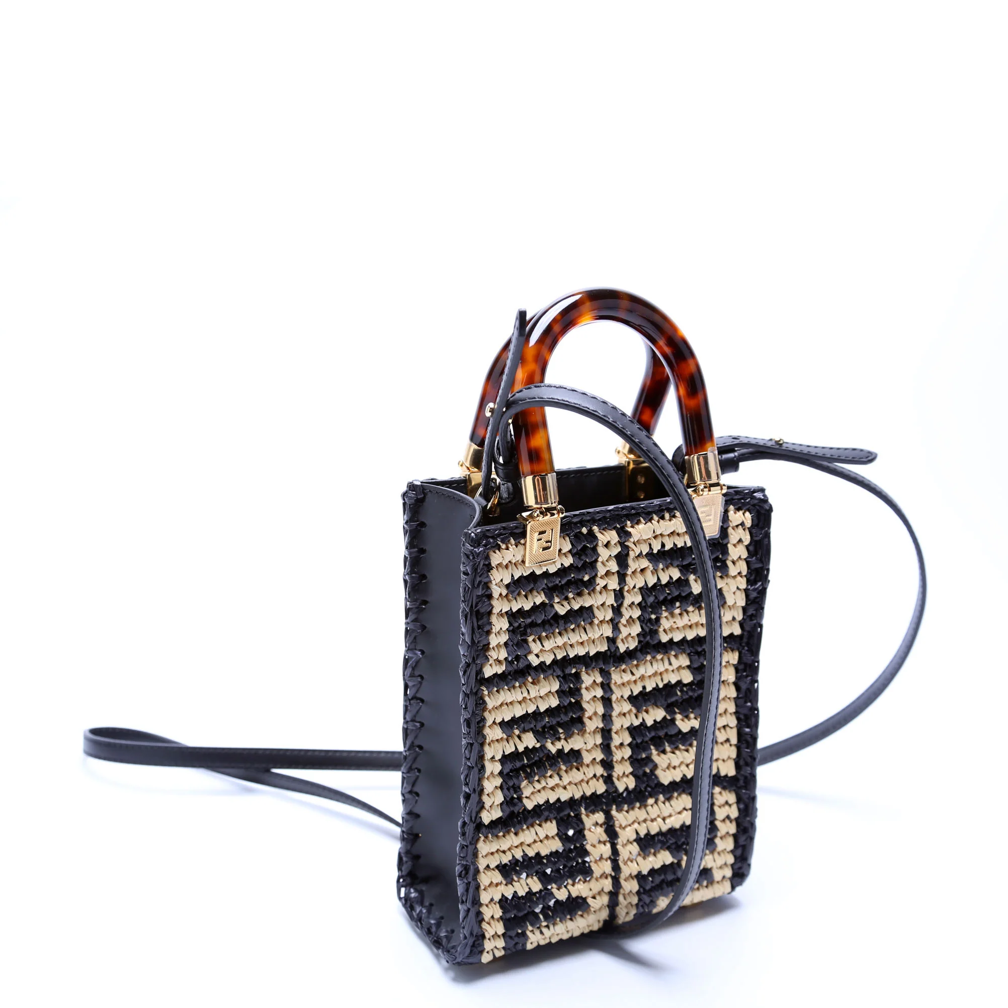 8BS051 Raffia FF Mini Sunshine Shopper Black/Tan - Image 2
