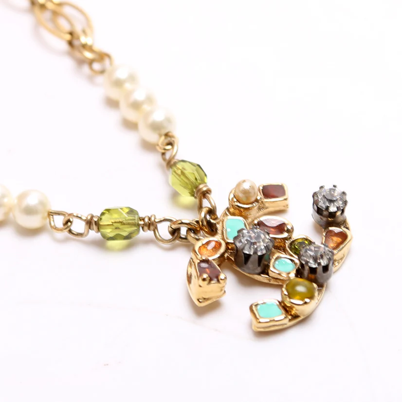 Beaded CC Double Chain Necklace Gold/Multicolor - Image 4