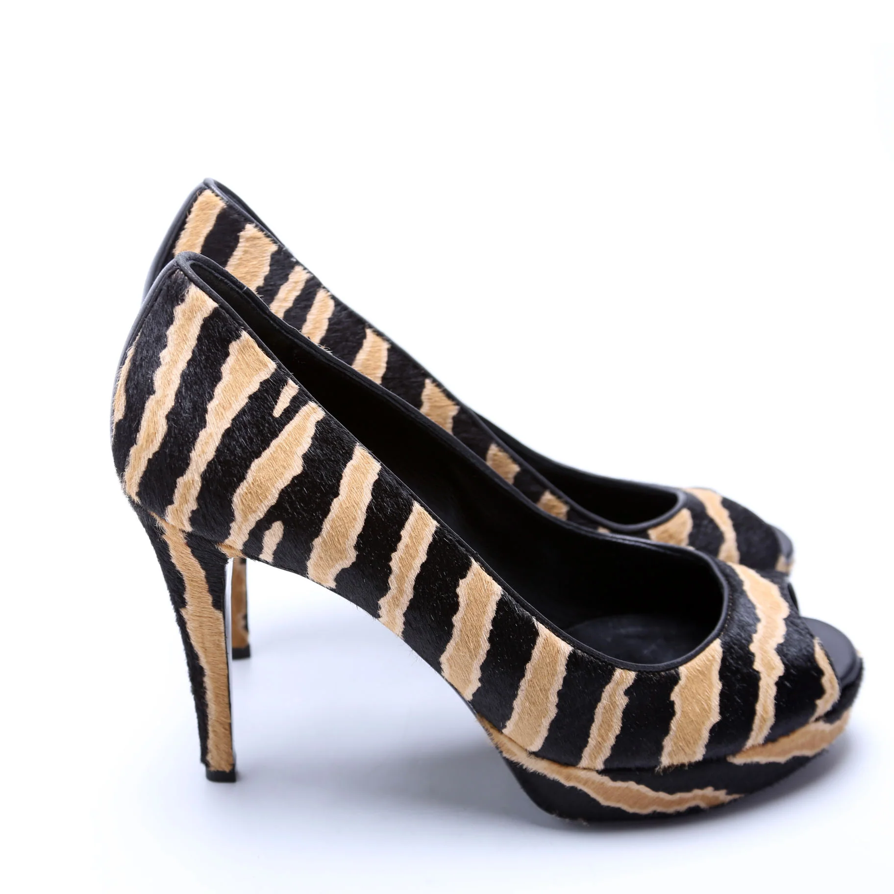 Betty Calfskin Hair Open Toe Pumps Size 37.5 Brown/Black - Image 3