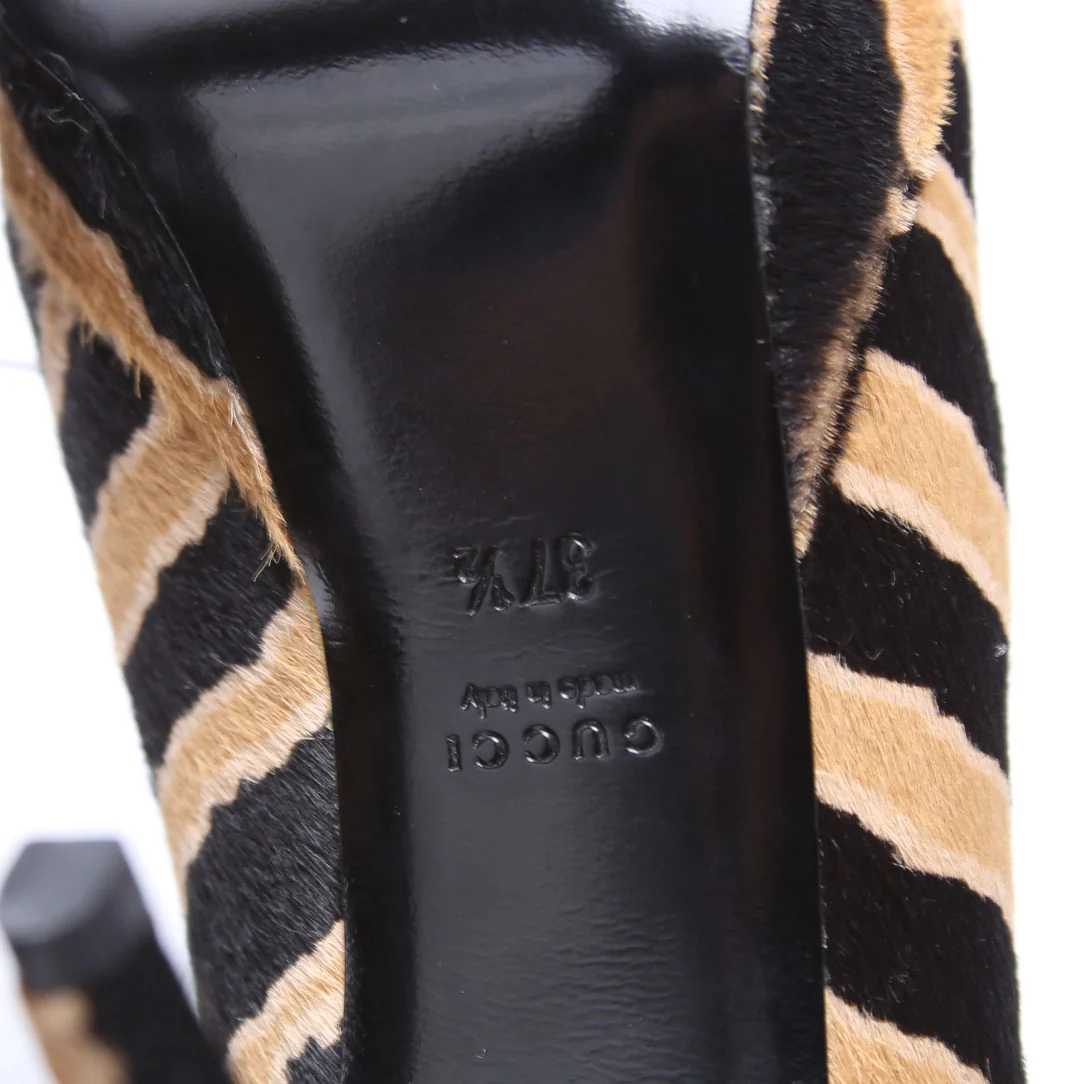 Betty Calfskin Hair Open Toe Pumps Size 37.5 Brown/Black - Image 7