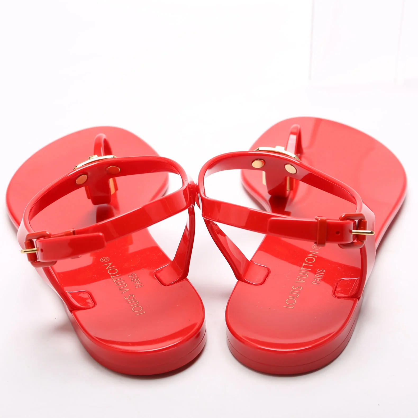 Bikini T-Strap Rubber Flat Sandals Size 38 Red - Image 4