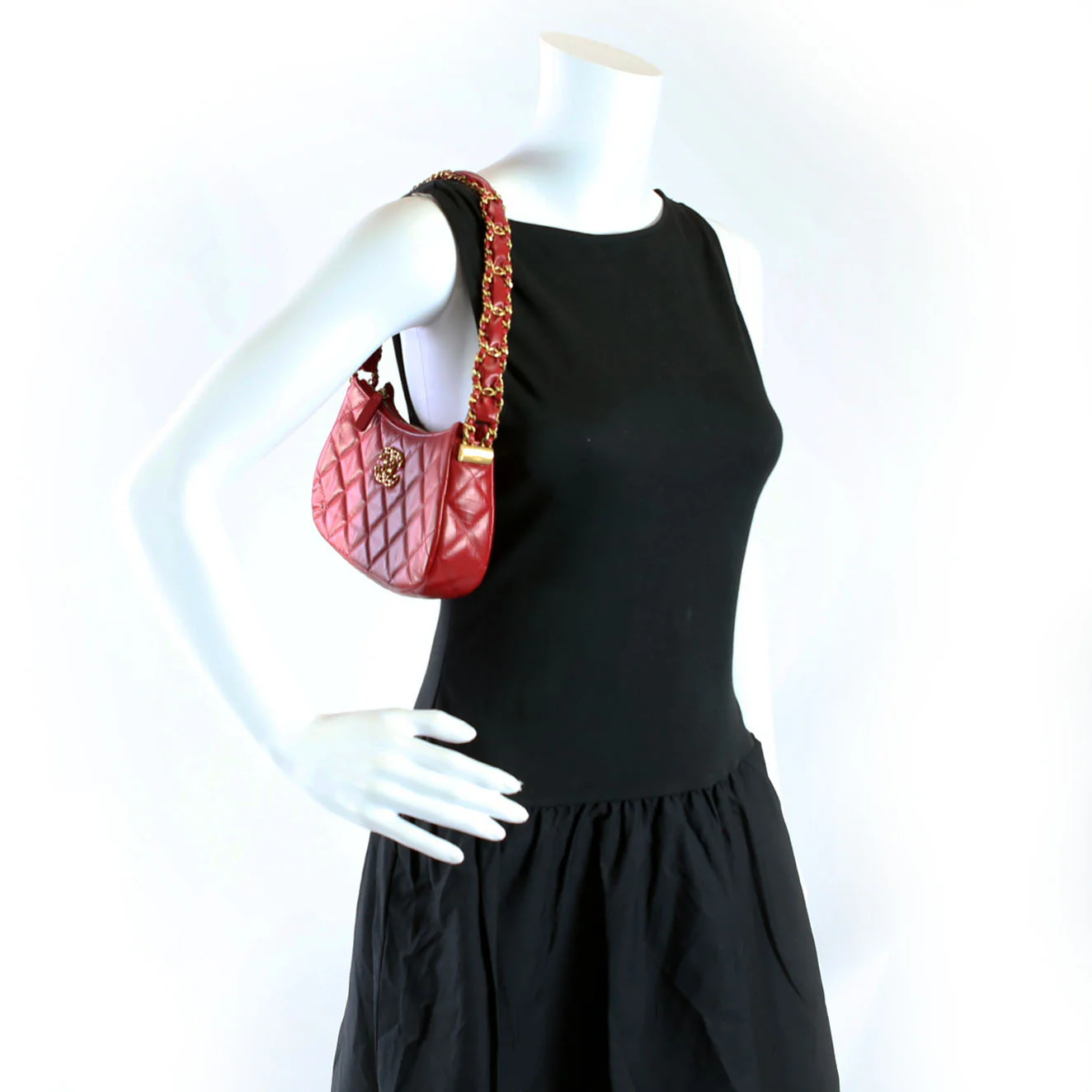 Braided CC Small Hobo Crumpled Calfskin RFID Red - Image 13