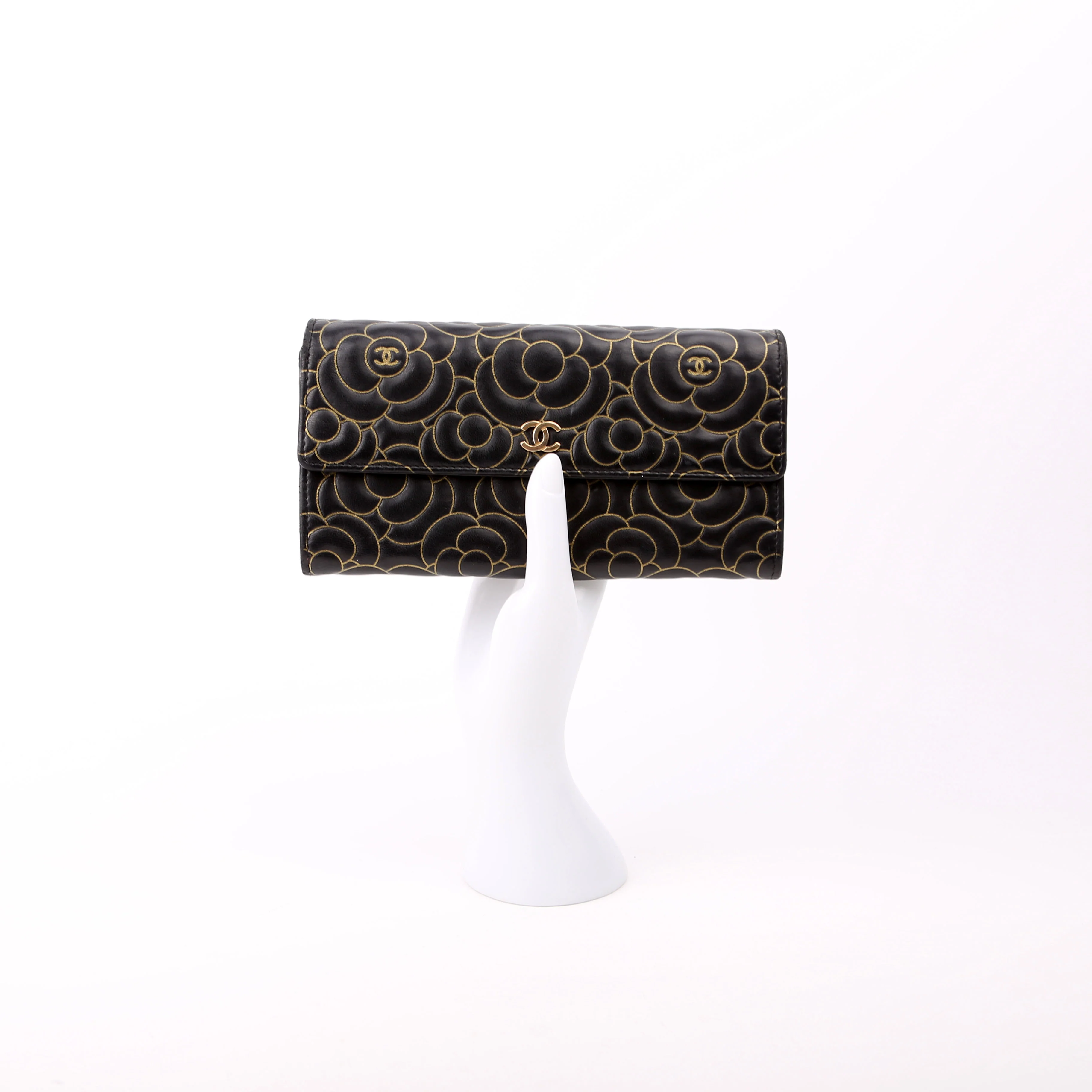 Camellia Embossed Long Wallet 21M Black/Gold - Image 12