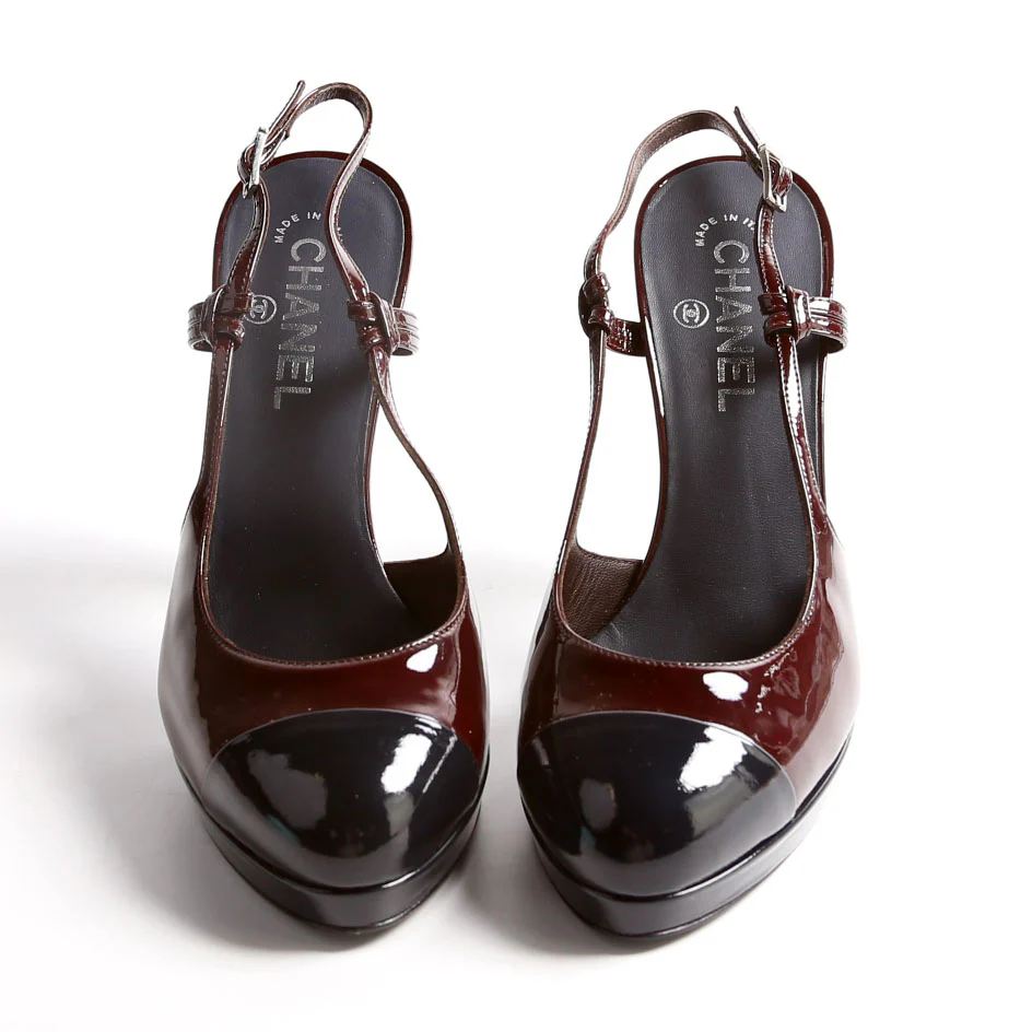 Cap Toe Patent Slingback Pumps Size 39 Navy/Burgundy - Image 2