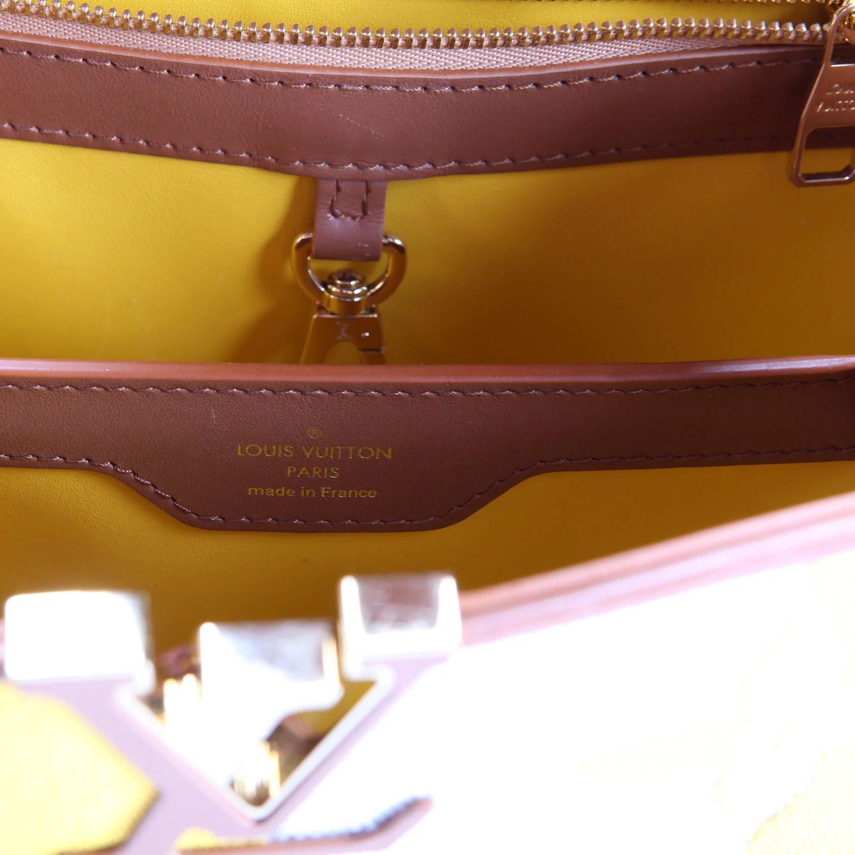 Capucines BB Parasol Taurillon/Canvas Brown/Yellow - Image 10