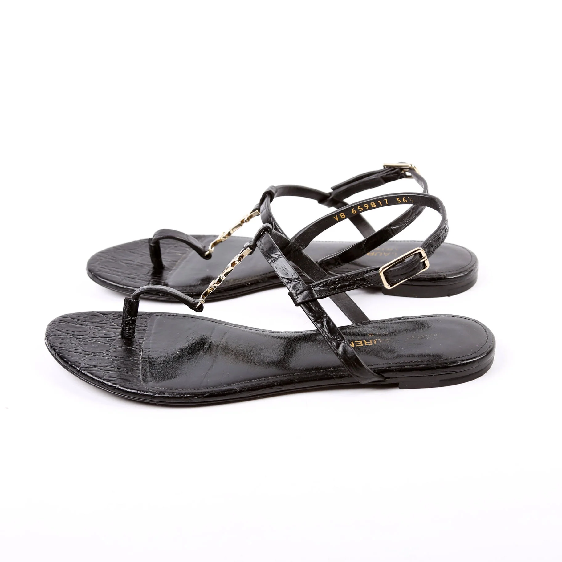 Cassandra T-Strap Sandals Crocodile Embossed Size 36.5 Black - Image 3