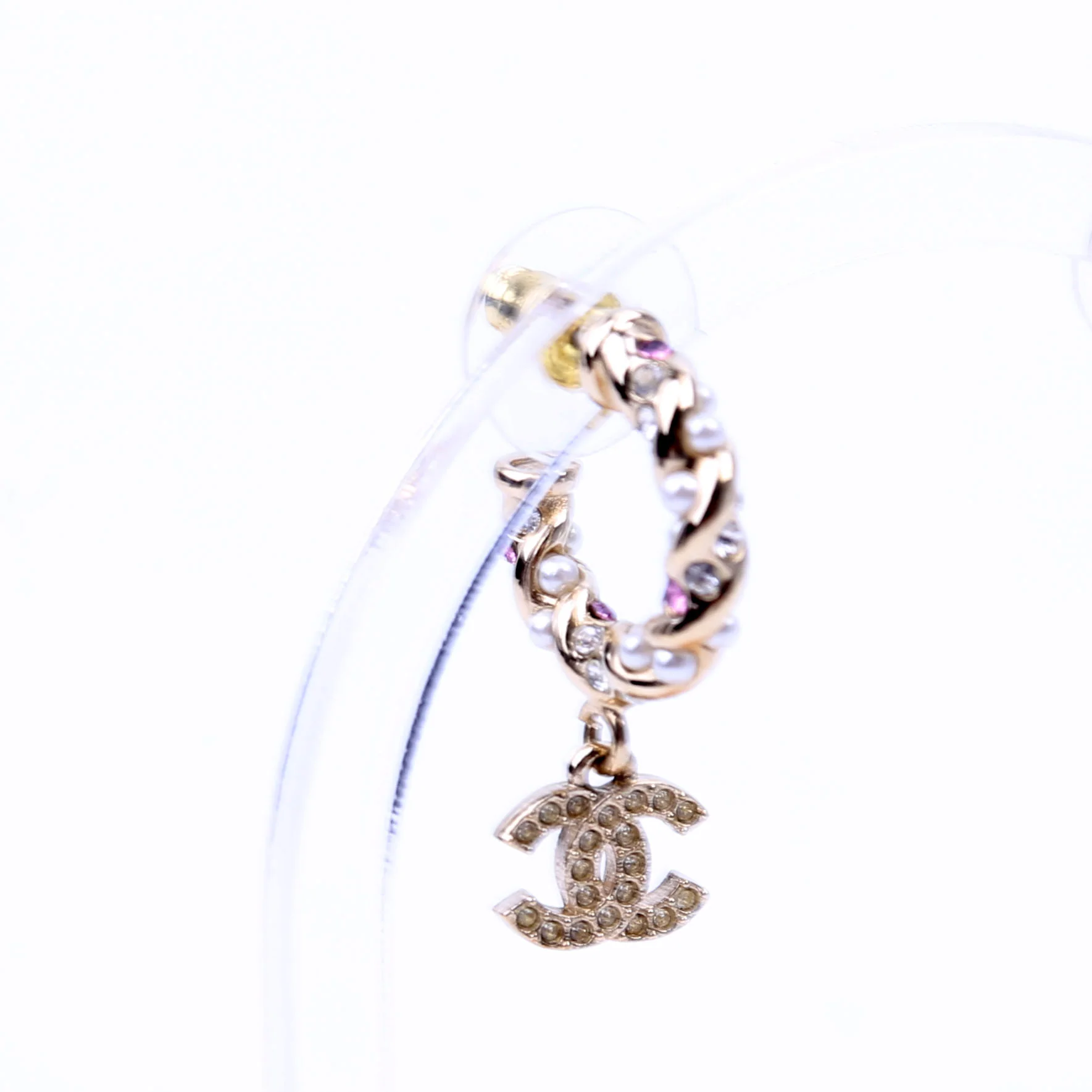 CC Crystal/Pearl Rope Small Hoop Earrings Gold/Pearl - Image 2