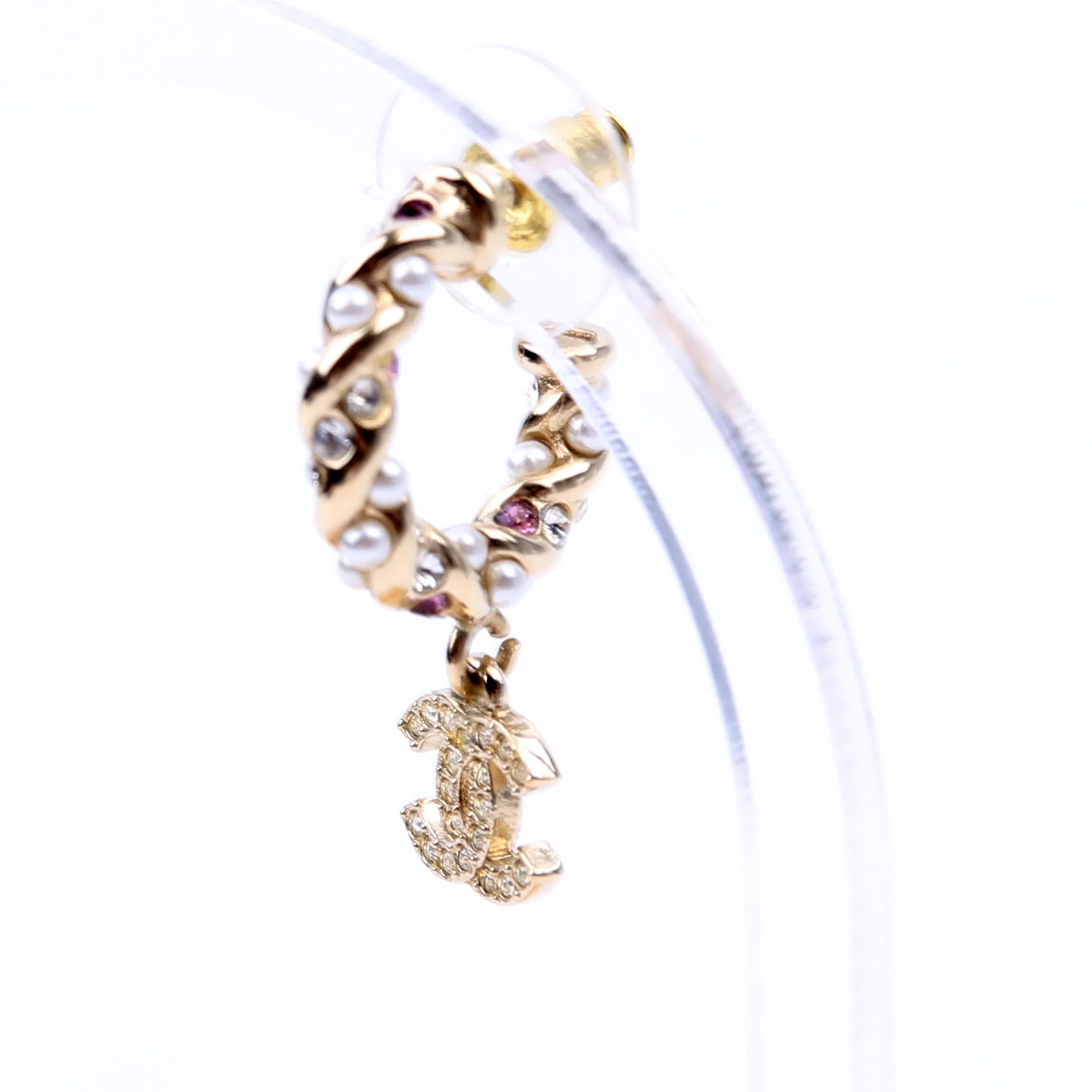 CC Crystal/Pearl Rope Small Hoop Earrings Gold/Pearl - Image 3