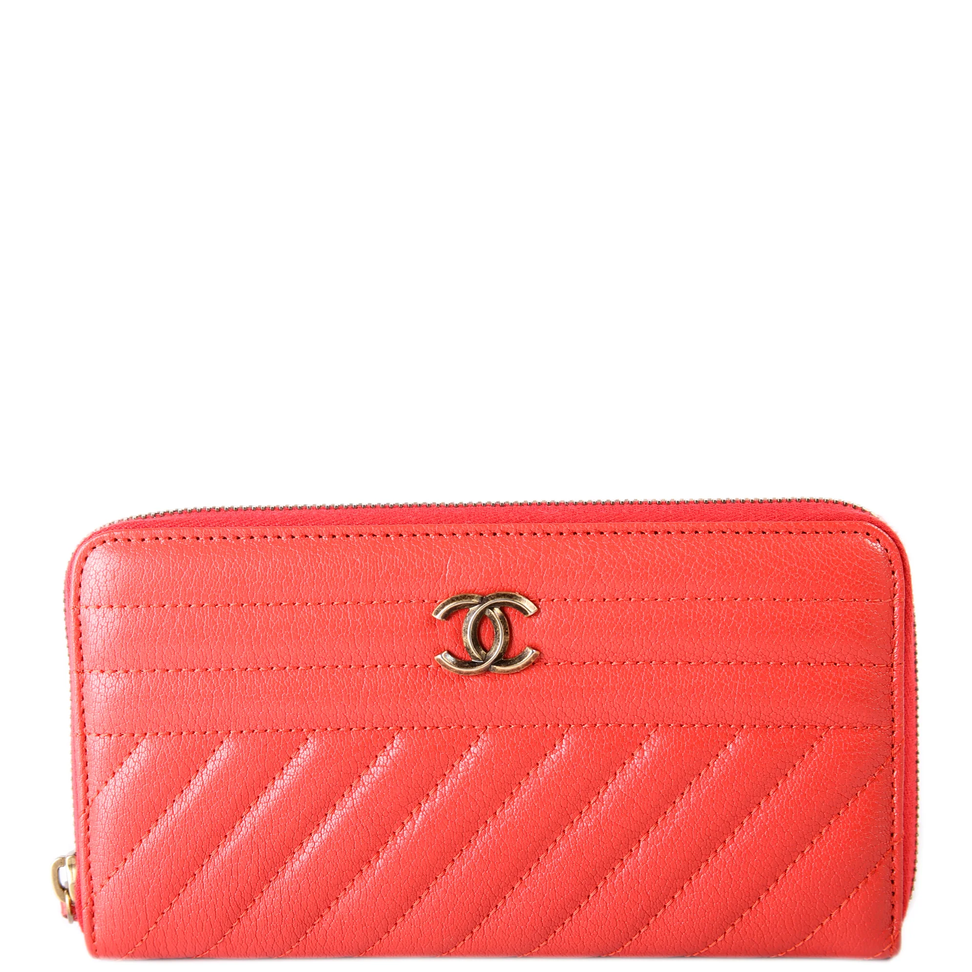 CC Diagonal Quilted Goatskin Zip Around Wallet Red