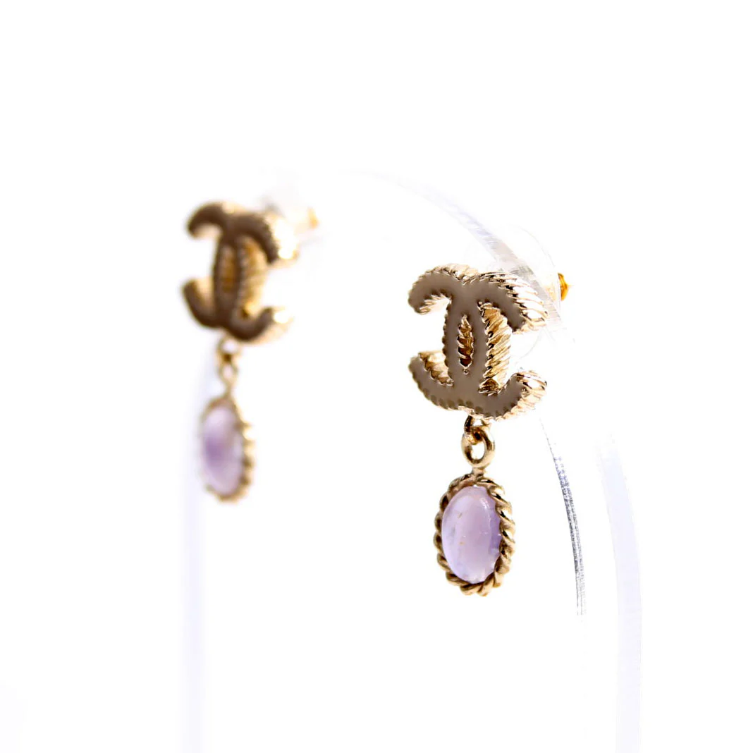 CC Enamel Dangle Stud Earrings Gold/Purple - Image 2