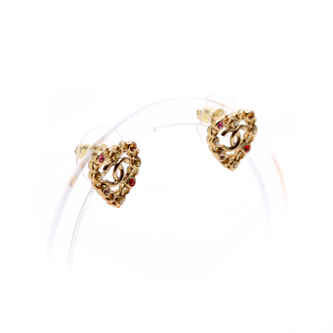 CC Pearl/Crystal Chain Link Heart Stud Earrings Gold/Multicolor - Image 5
