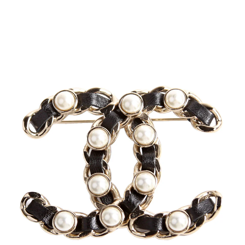 CC Pearl/Lambskin Brooch Gold/Black