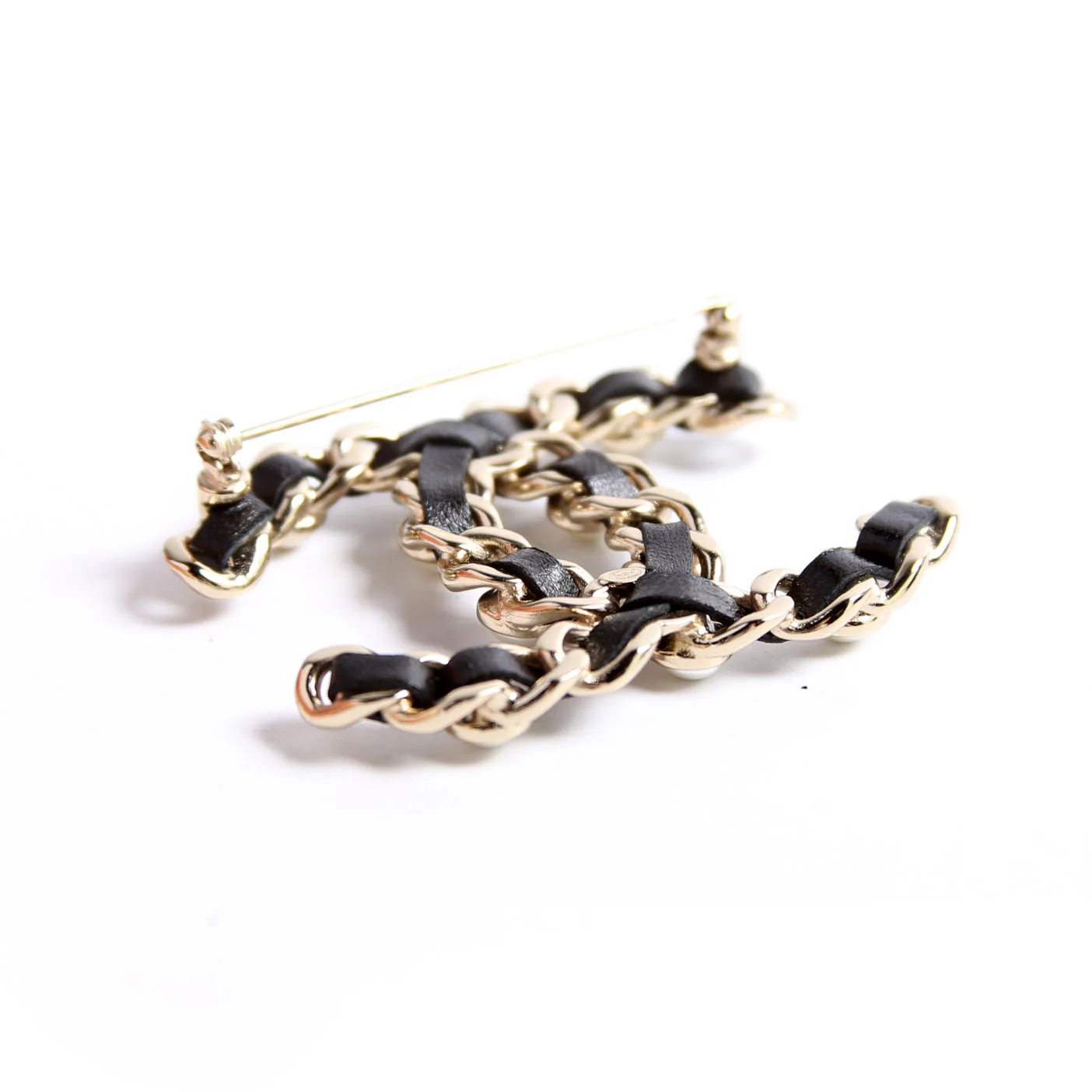 CC Pearl/Lambskin Brooch Gold/Black - Image 5