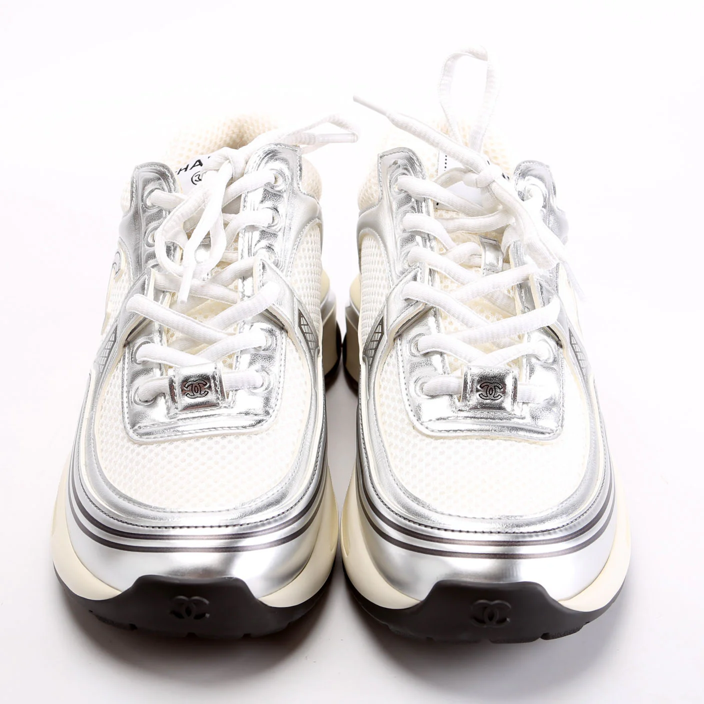 CC Stretch Laminated Calfskin Sneakers Size 38 Silver - Image 2