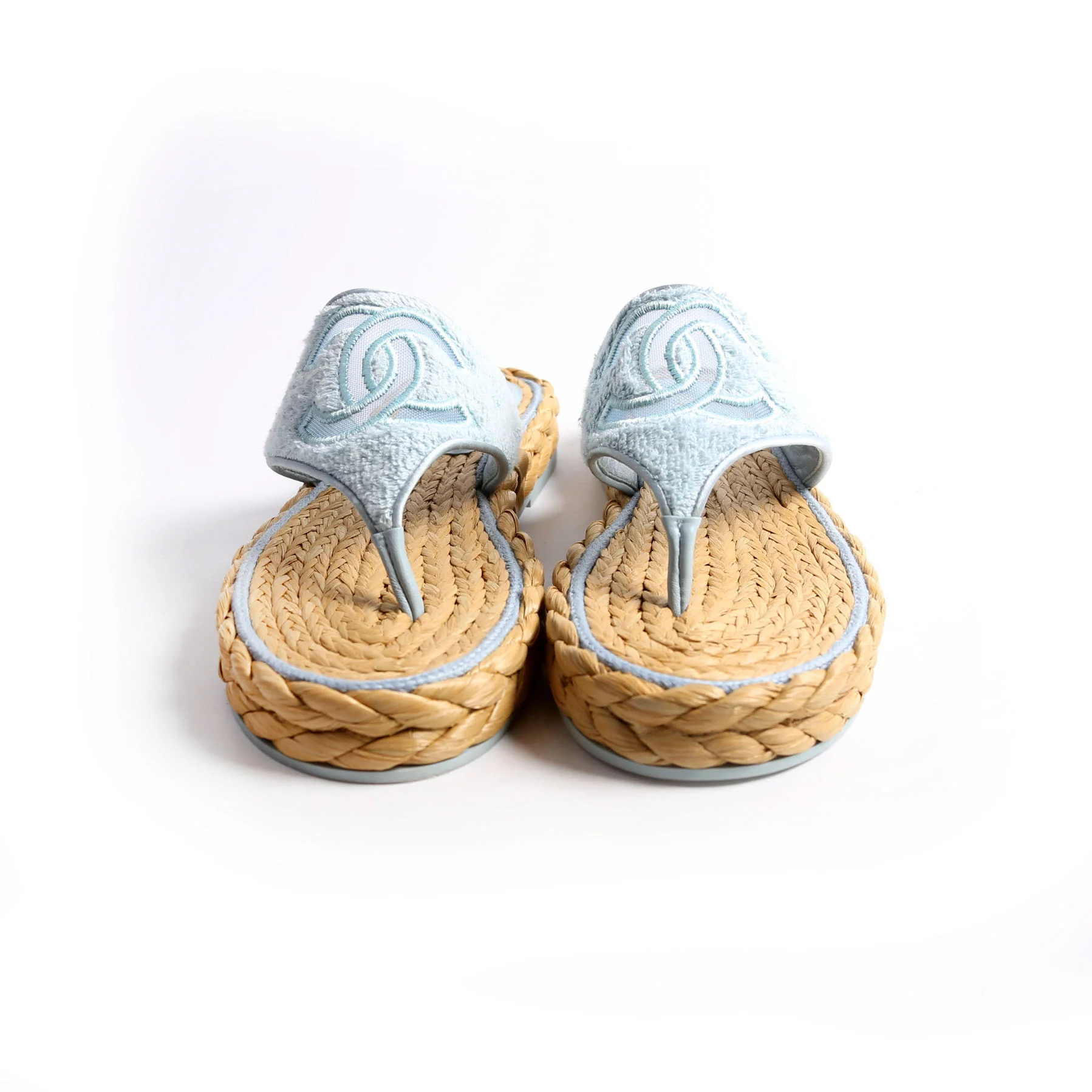 CC Terry Cloth Raffia Thong Sandals Size 37.5 Light Blue/Beige - Image 2