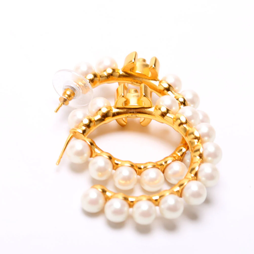 CC Turnlock Pearl Hoop Earrings Gold/Pearl - Image 3